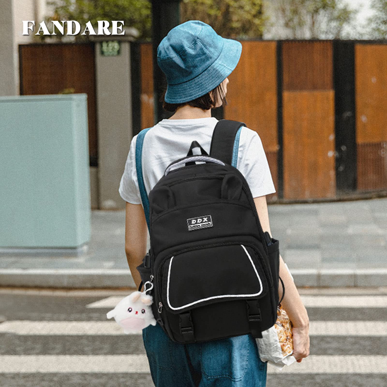 FANDARE Carino Cartelle e zaini per la scuola Zaino Donna Uomo Università Zaini Casual Borse a zainetto Borsa da Scuola Ragazzo Ragazza per Studenti Viaggio con accessori in peluche Nero