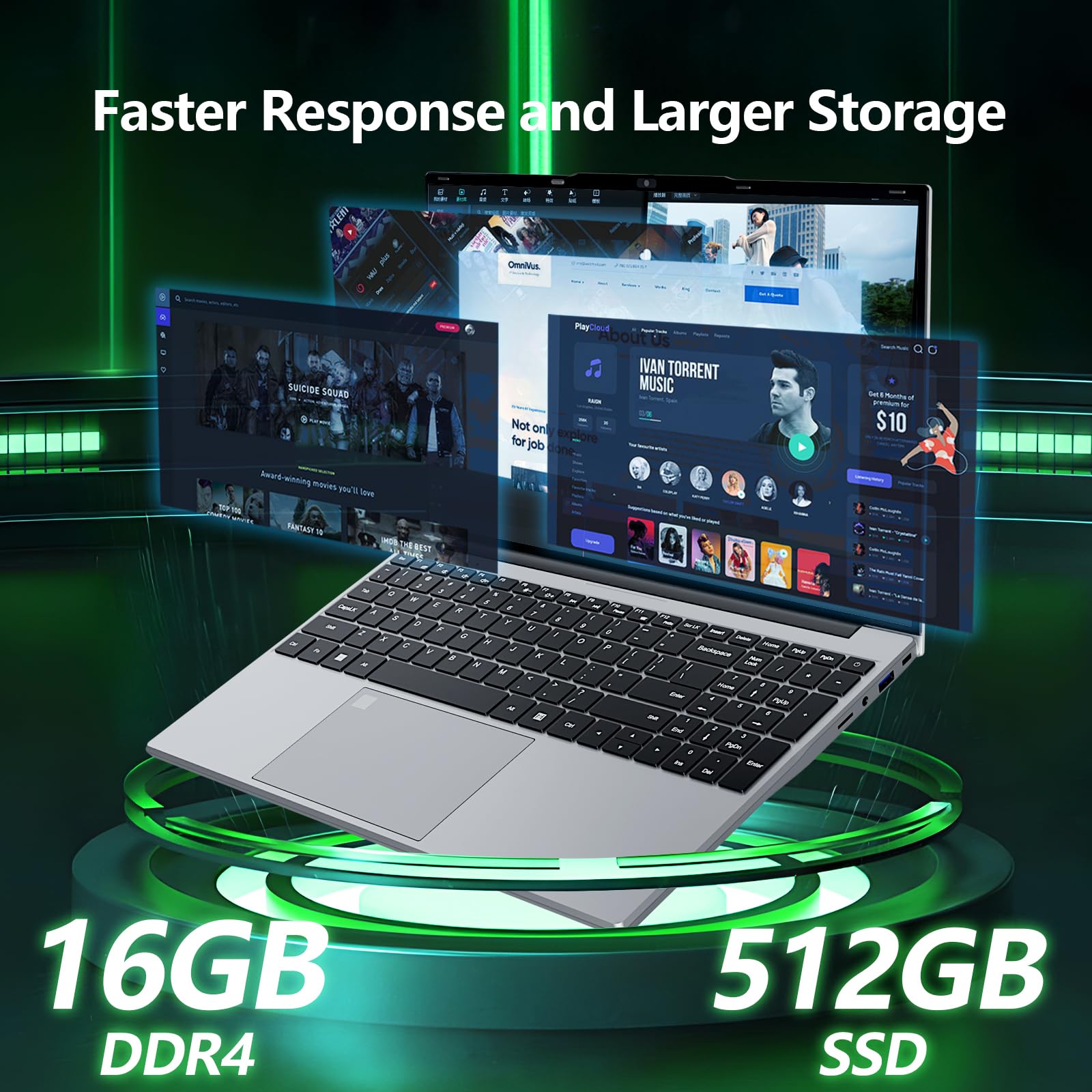 Notebook Win 11, 15,6 Pollici PC Portatile 16GB RAM 512GB SSD, Celeron N5095 CPU, Webcam+BT4.2+USB3.0, Laptop Digitale Tastiera Retroilluminata/Sblocco Impronta Digitale, 180° Flip IPS Schermo