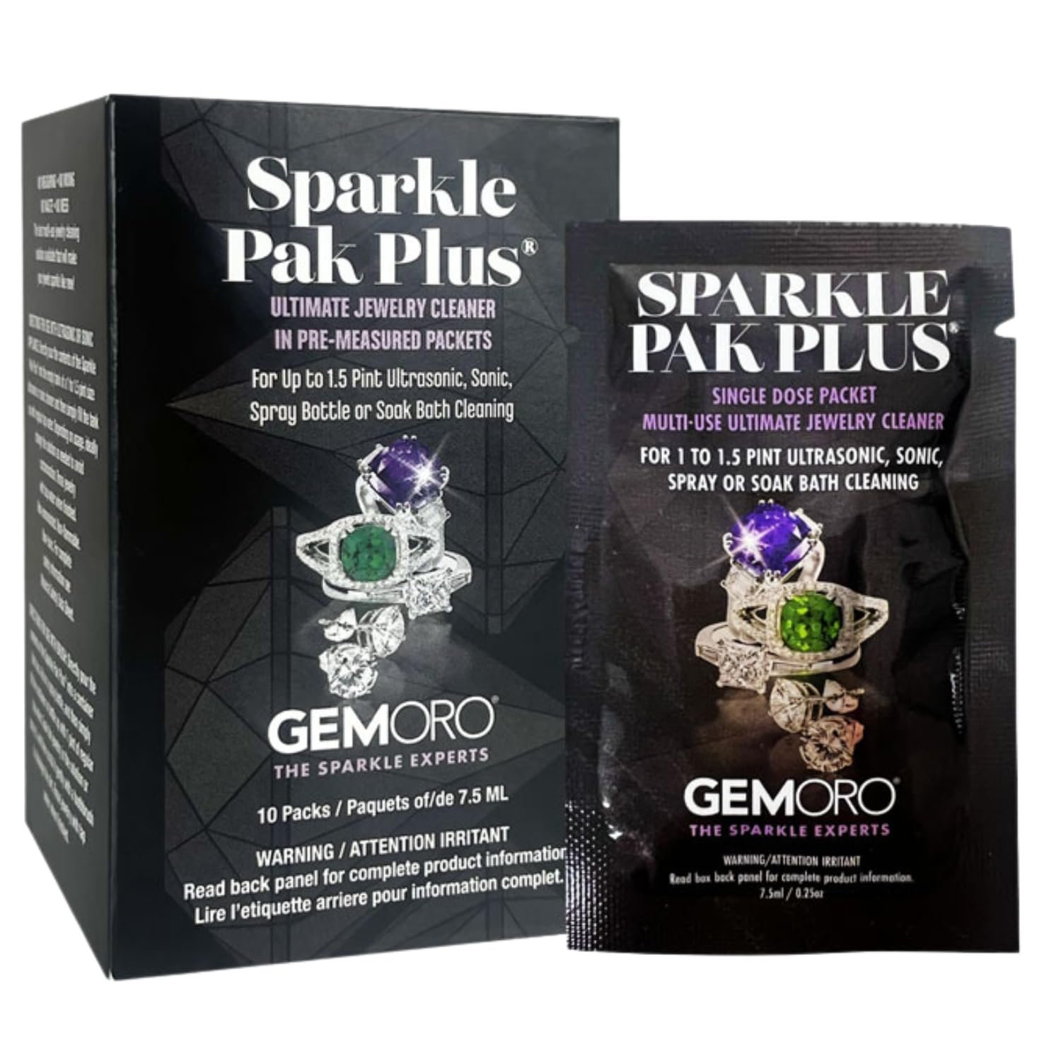 GemOro Sparkle Pak Plus Jewelry Cleaner Solution | 10 Premeasured Packets Ultrasonic & Sonic Machines or Spray Bottle & Soak Bath Jar | Professional Performance Rings Watches Glasses Earrings (10 pc)