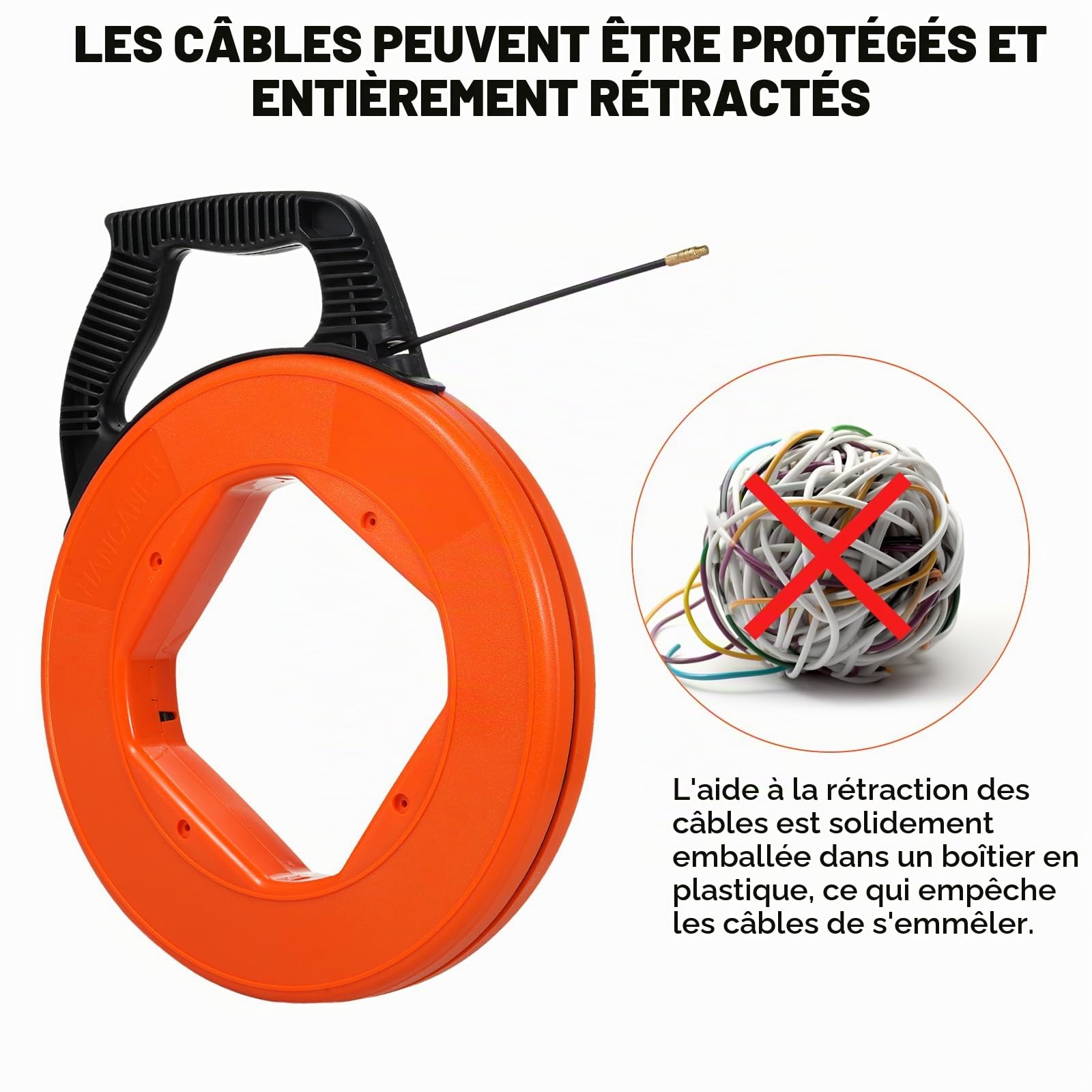 Aiguille Electricien 30M, 4mm Tire Fils Electrique, Avec 6 Adaptateurs pour Aiguille Tire Fil, Tire Cable Avec Boîtier en Plastique et Poignée pour Travaux électriques, Résistant à la Flexion