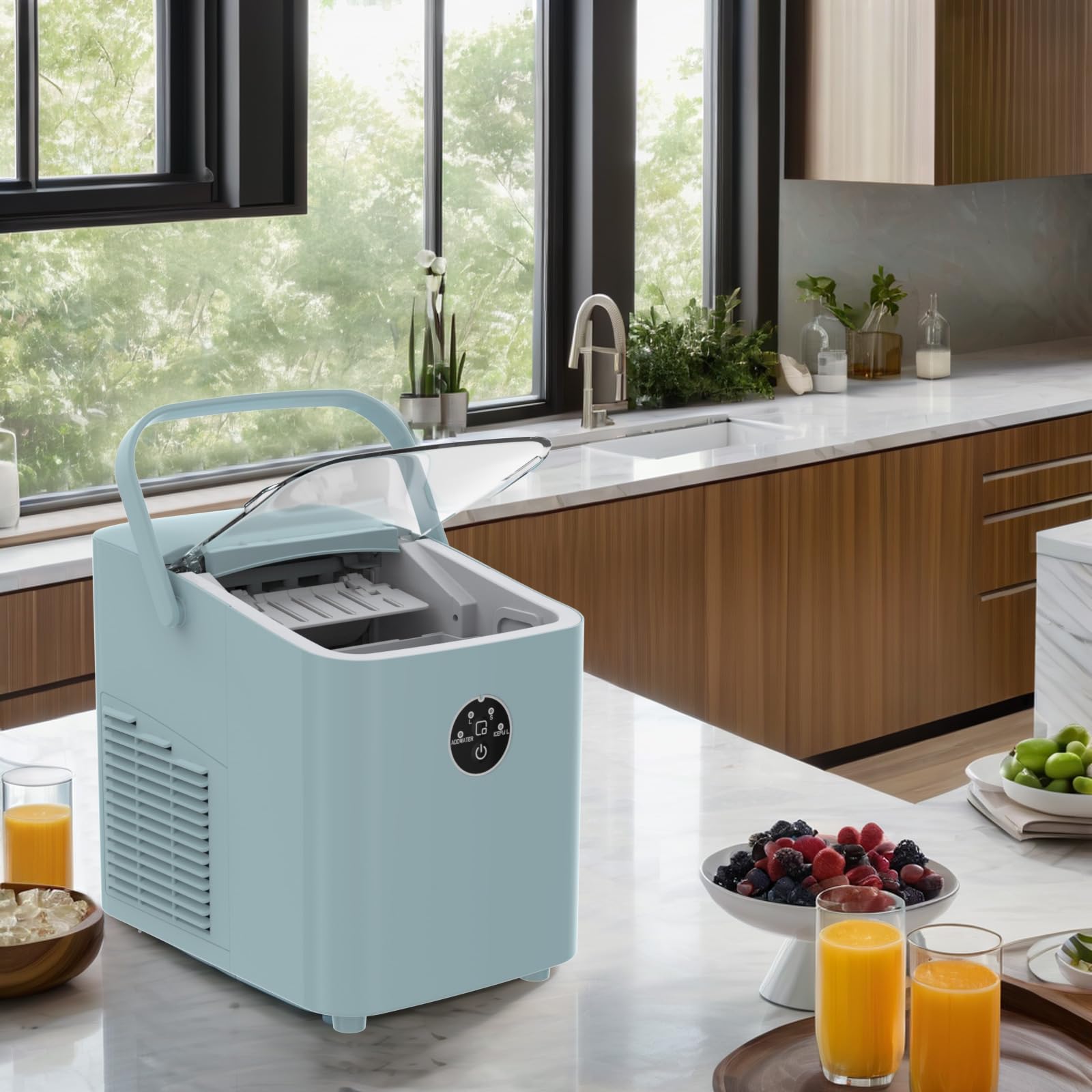 Eiswürfelmaschine, Eiswürfelbereiter 8 Würfel in 5 Minuten fertig, 14 KG in 24 Stunden, Selbstreinigende Kleine Eiswürfelmaschine, 2 Eiswürfel Größen für Küche, Büro, Bar und Party