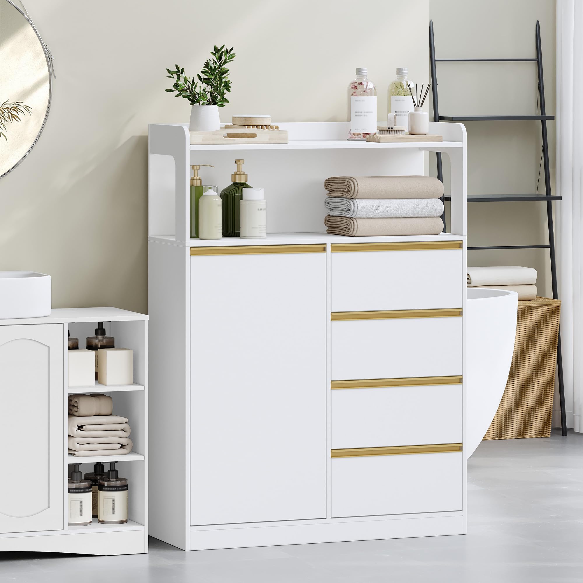 HEXCELEN Mobile da Bagno, Armadietto Autoportante, con 4 Cassetto e Ripiano Regolabile, Armadietto da Salvaspazio con Cassetto Spazioso, per Bagno, Soggiorno, Corridoio, Bianco-Oro, 30x80x110cm