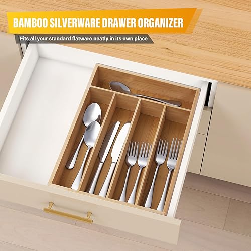 Miniatura 2 de Organizador de cubiertos para cajones de utensilios, bandeja de cubiertos de 9 pulgadas para cajón de cocina, cubiertos de bambú, bandeja de