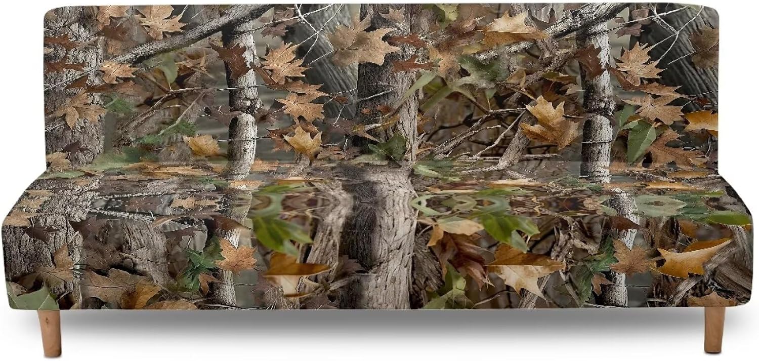 Home Living Room Armless Futon Cover Sofa Bed Slipcover with Elastic Bands High Stretch Sofa Slipcover Machine Washable Oak Leaf Hunting Camo