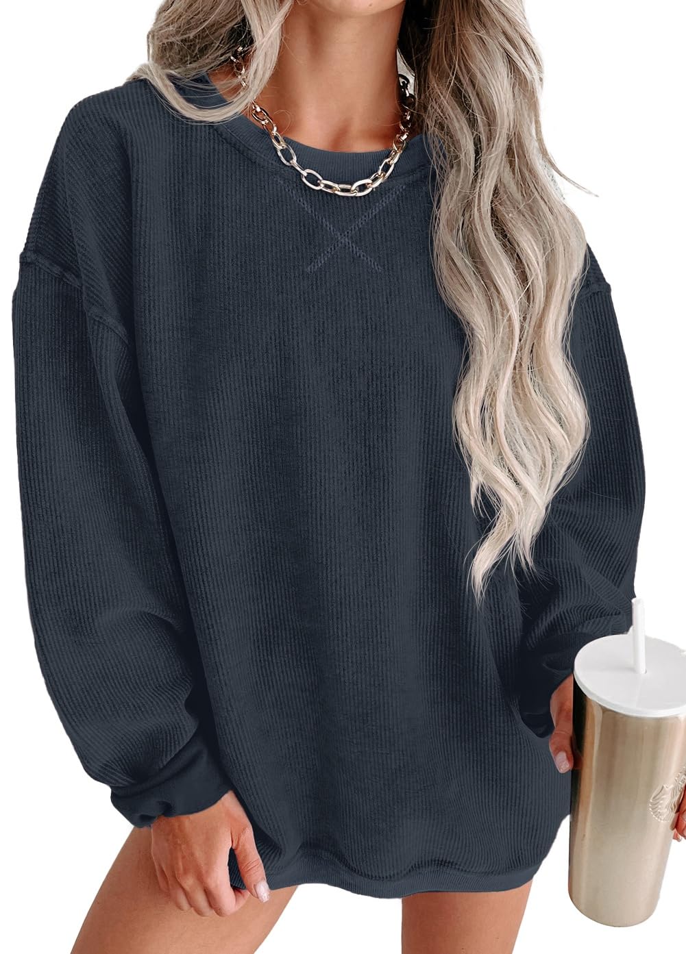 ONLYSTORY Womens Sweatshirts Oversized Cored Corduroy Pullover Tops