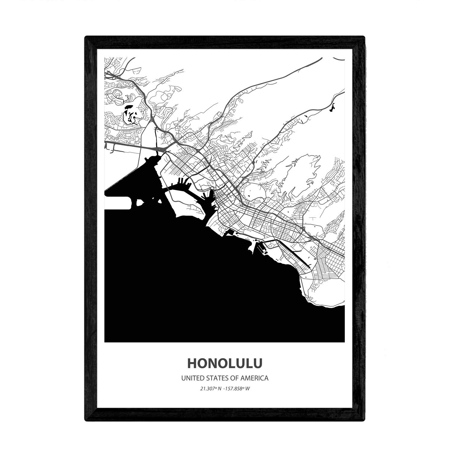 Nacnic Poster with map of Honolulu - USA. Sheets US cities with seas and rivers in black color. A3 size