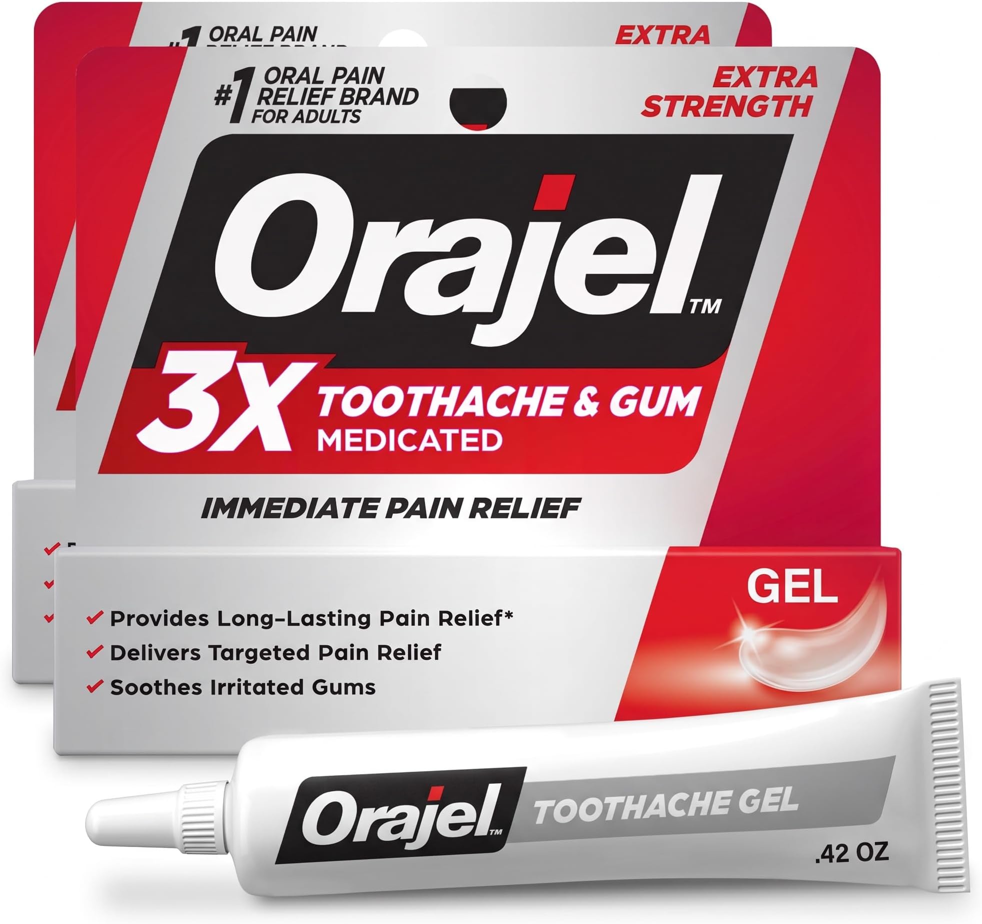 3X for Toothache & Gum Pain: Maximum Gel Tube 0.42oz - from #1 Oral Pain Relief Brand for Instant Pain Relief (Pack of 2)