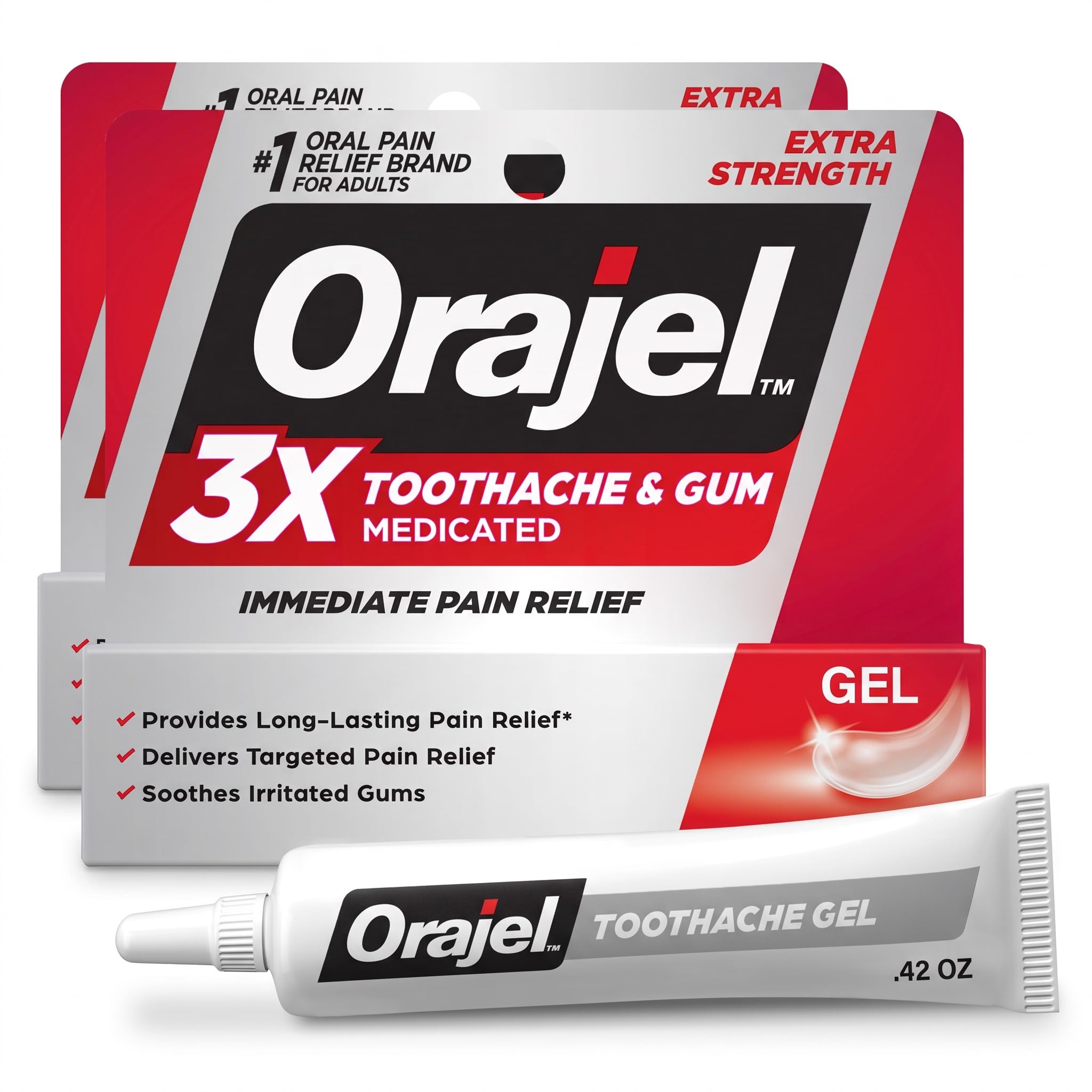 Orajel 3X for Toothache & Gum Pain: Maximum Gel Tube 0.42oz (Pack of 2)
