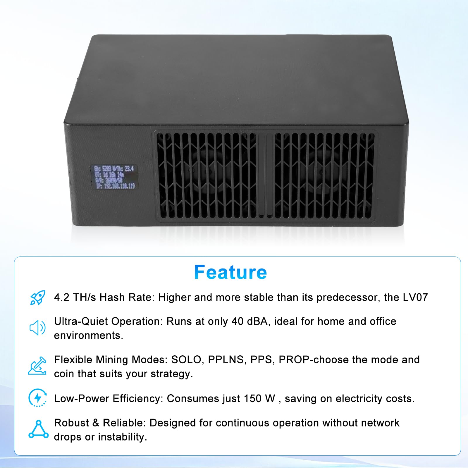 Bitcoin Miner, APKLVSR Lucky Miner LV08 BTC Solo Miner– 4,2 TH/s 2,4G WLAN SHA-SHA -256 Chip BM1366 Server Mining silenzioso Bitcoin Mining per uso domestico (BTC), Plug & Play