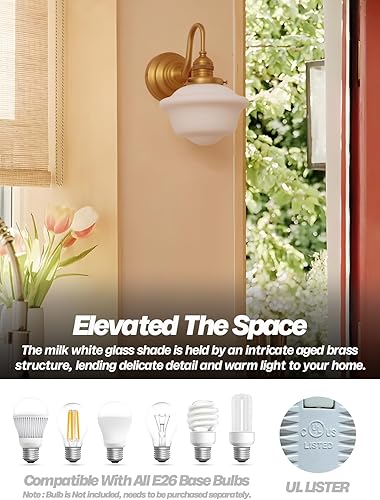 Miniatura 4 de Apliques de pared vintage de latón antiguo, lámpara de tocador de baño dorada con vidrio de leche, lámpara de pared para baño, espejo, sala de