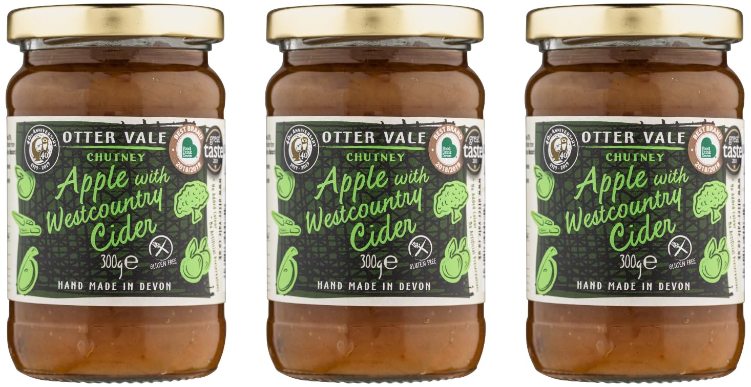 Otter Vale - Apple with Westcountry Cider Chutney, cider direct from the local producer, tangy taste of apple, hand-made in Devon, gluten-free, 300g glass jar x 3