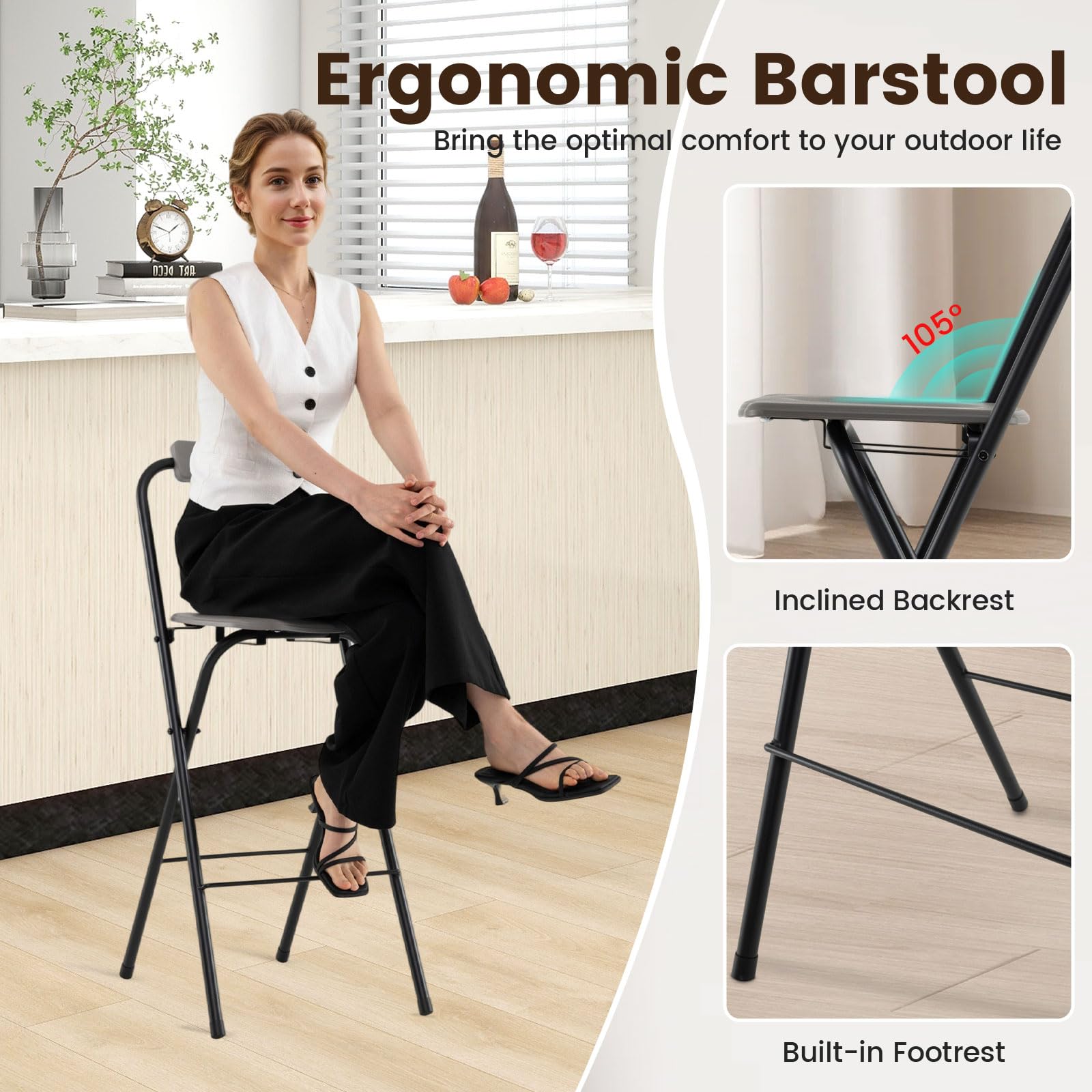 GIANTEX Juego de 2 Taburetes de Bar Plegables, Sillas Portátiles con Respaldo Inclinable, Asiento Curvado y Reposapiés, Carga hasta 150 kg, Taburetes Altos para Balcón, Comedor, Jardín (Gris)