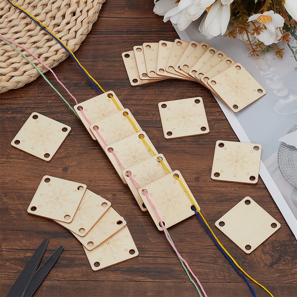 FINGERINSPIRE 24 Pcs Wood Tablet Weaving Cards 4 Holes 1.5inch Square Weaving Cards Blanched Almond Color Wooden Knitting Loom Board Handmade Weaving Tool Weaving Supply for Knitting Loom Accessories