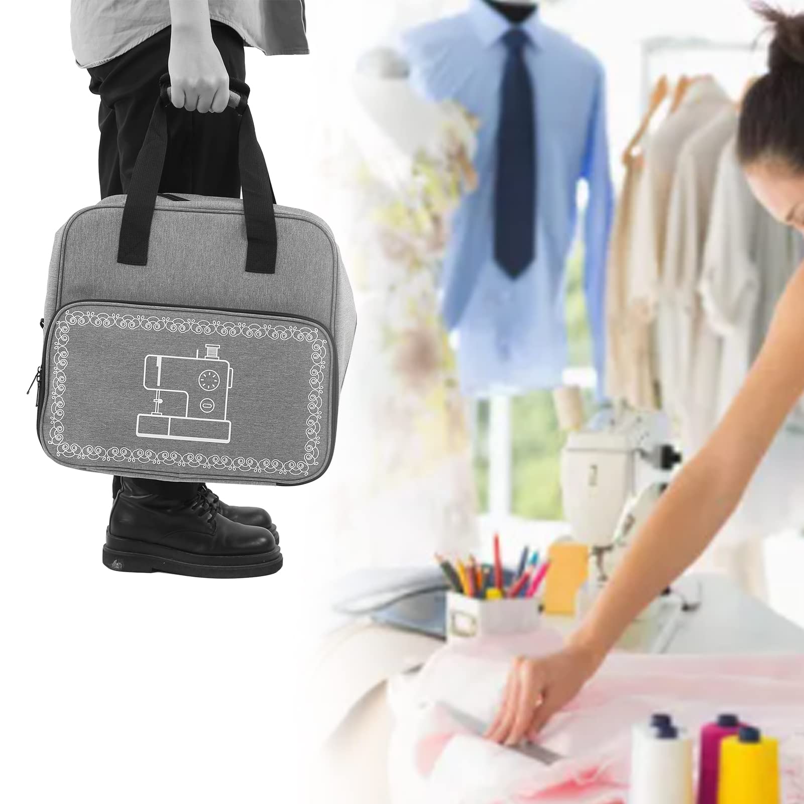 HERCHR Bolsa para máquina de Coser, Estuche de Transporte de Tela Oxford con múltiples Bolsillos, Bolso de Almacenamiento para Accesorios de Costura de Gran Capacidad con Correa de Mano (Gris)