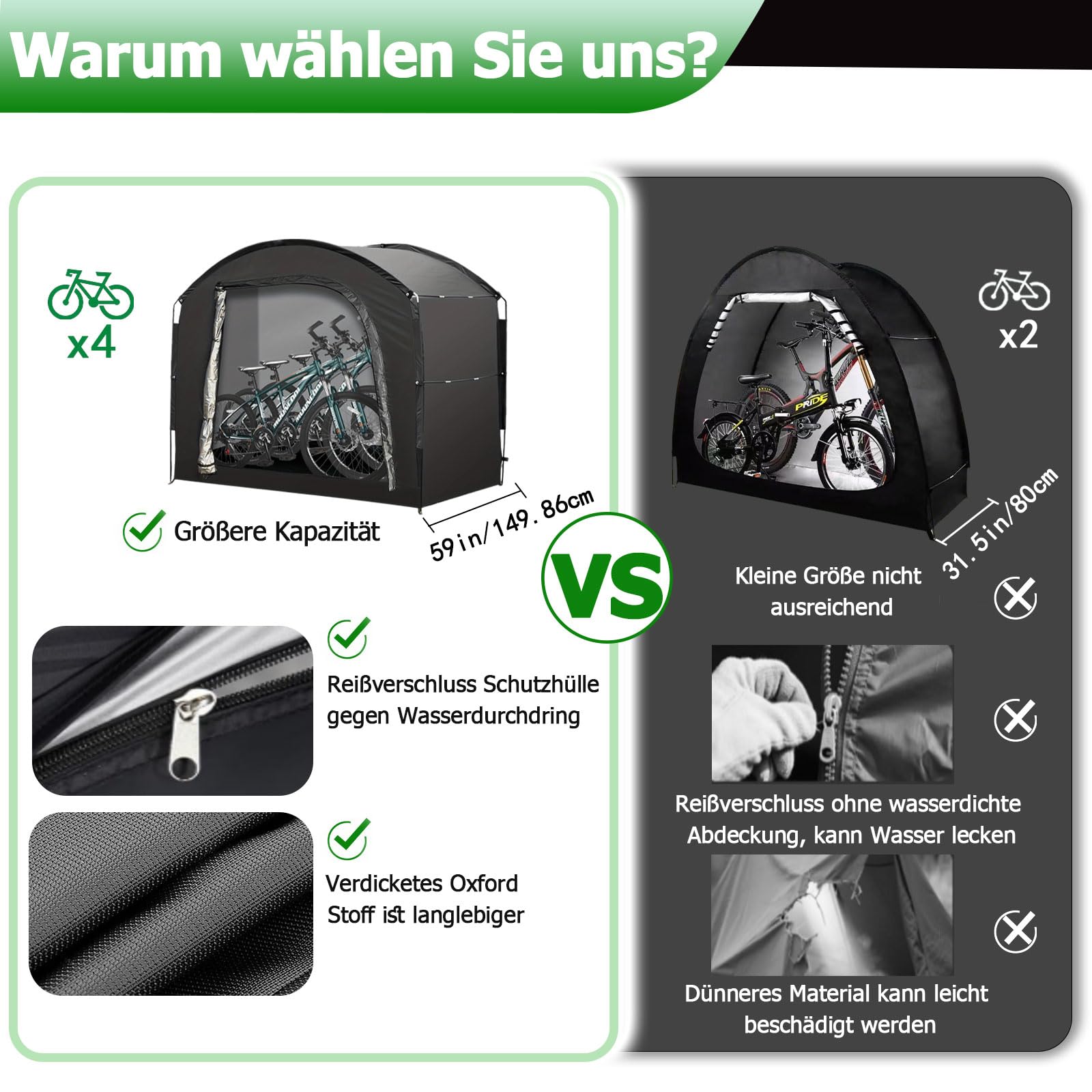 Fahrradzelt für 4 Fahrräder, 220*150*185cm Großräumiger Fahrradgarage Wasserdicht UV-beständig, Geräteschuppen für die Lagerung von Fahrrädern, Gartengeräten, Tischen und Stühlen im Freien