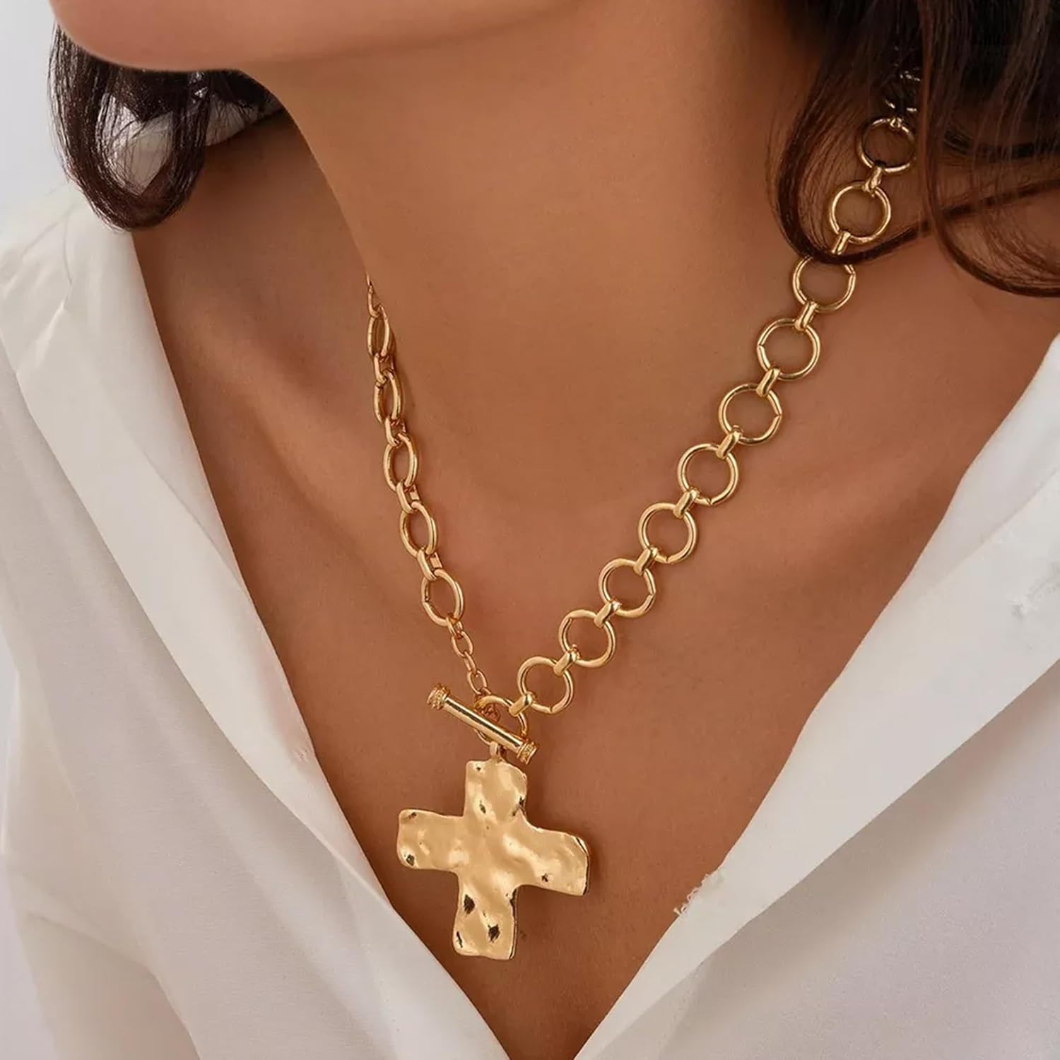 18k Gold Chunky Cross Necklace for Women Hammered Cross Choker Necklaces Bold Statement Necklace Trendy Jewelry - Image 3