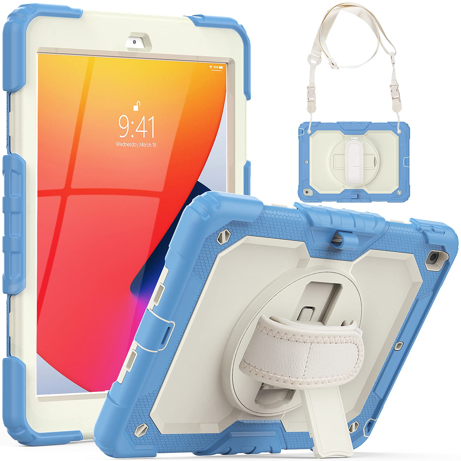 SEYMCY for iPad 9th/8th/7th Generation Case Kids 10.2 inch, Shockproof Sturdy with Rotating Hand Strap & Stand, Screen Protector, Shoulder Strap, Pen Holder for iPad 9/8/7 Cover, Beige Blue