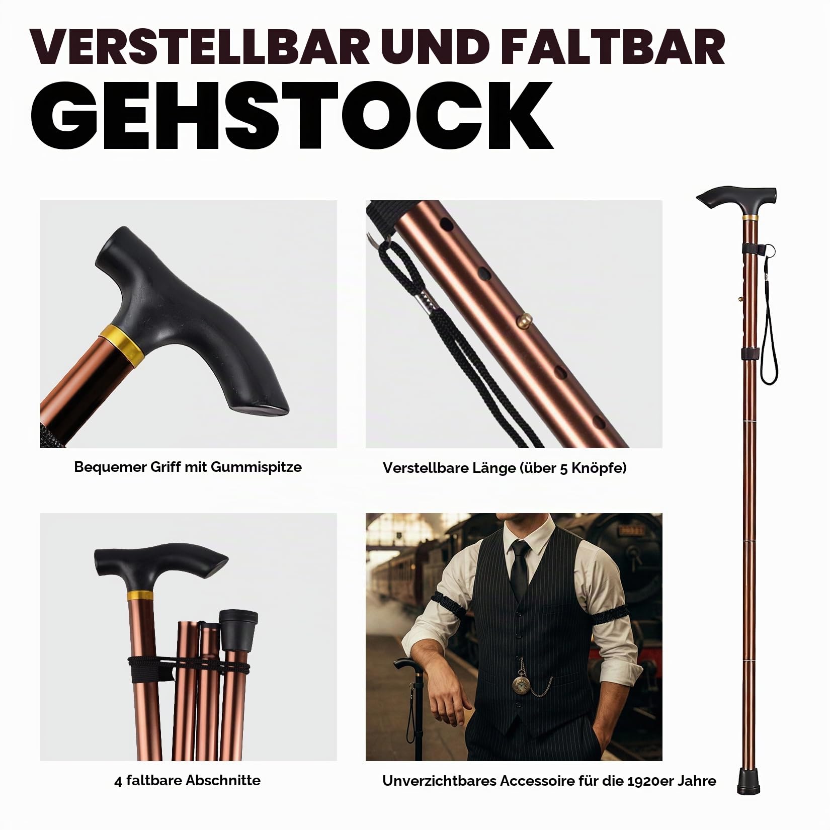 20er Jahre Kostüm Herren Damen, Mafia Karneval Set mit Weste Hosenträger Hut Krücke Faltbare Krücke, Anzug für 1920S Gangster Halloween Mottoparty
