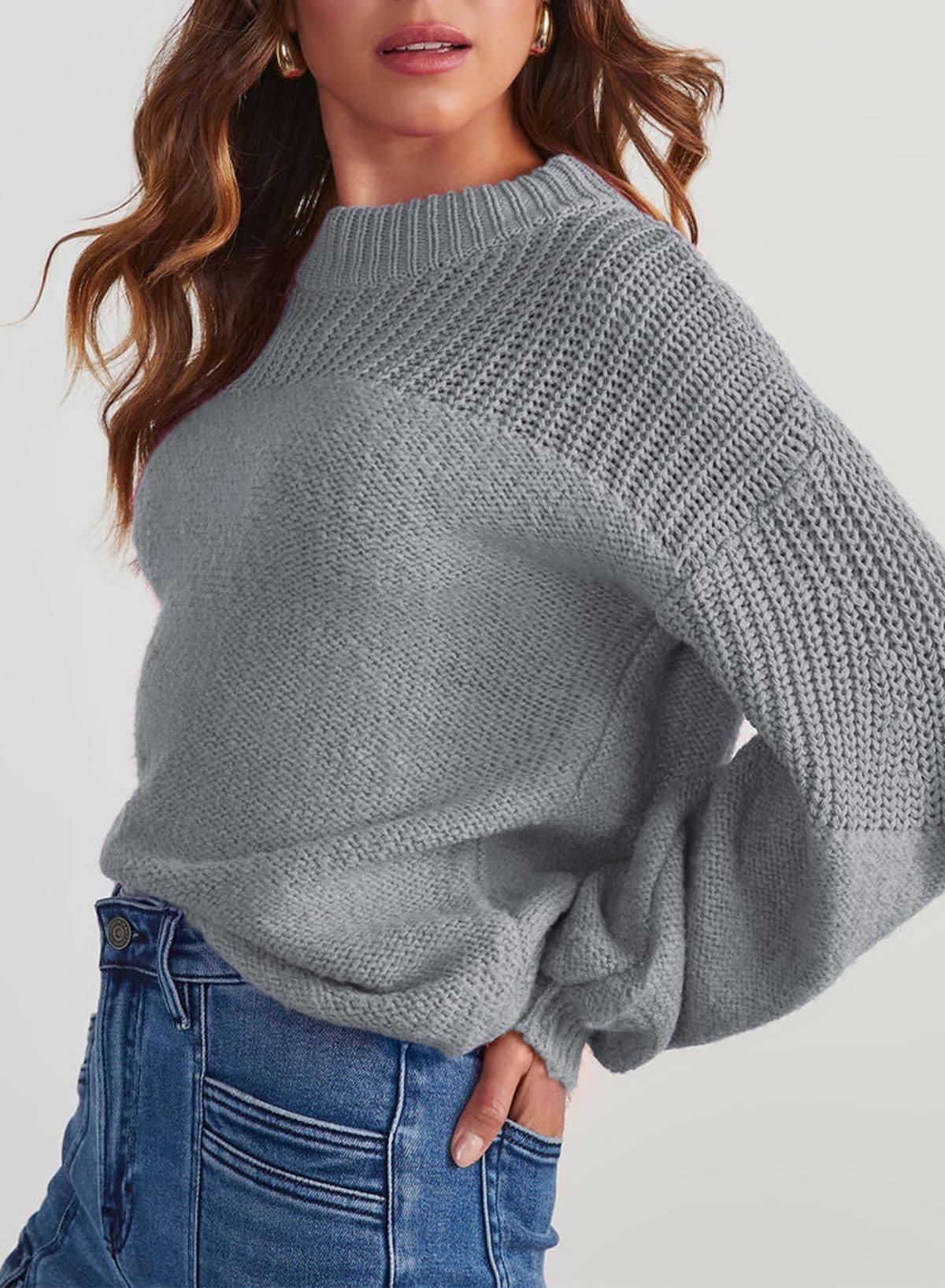Dokotoo Damen Pullover Elegant Rundhals Puffärmel Strickpullover Einfarbig Lässig Lose Oberteile Herbst Winterpullover Pulli S-XXL