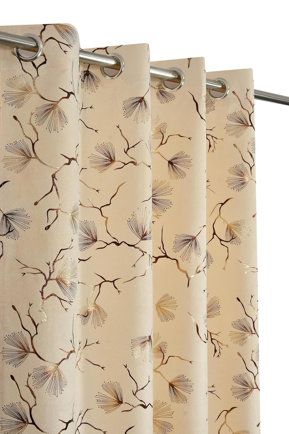 Velvet Curtains with Gold Foil Branch Print, Eyelet Grommet Panels, Aqua Sea Green - Available in 5, 7 & 9 Feet, Pack of 1, for Living Room, Bedroom & Balcony (Cream, Window)-image-36