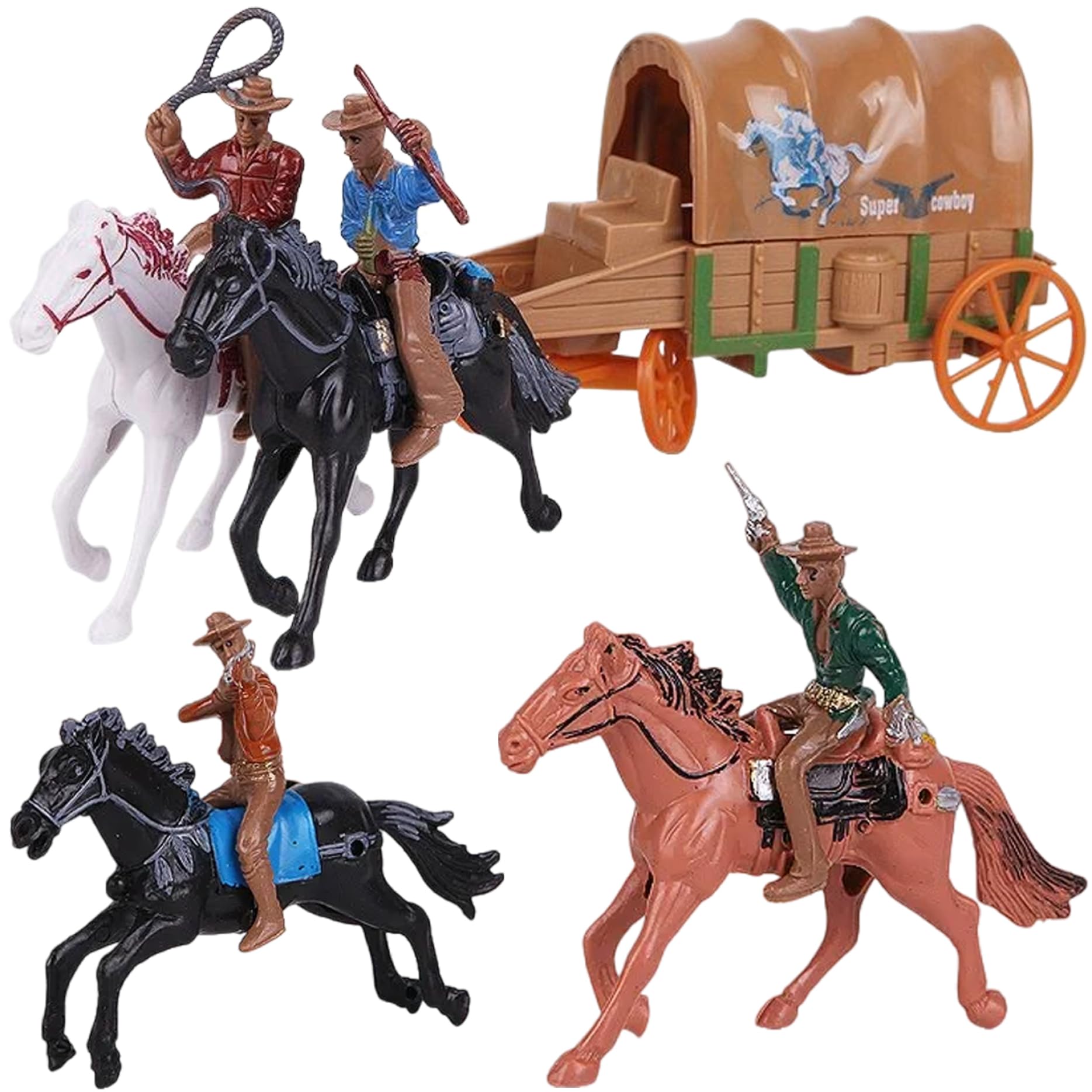 Hotainoys Cowboy Action Figure, 1 Set Horse Riding Cowboy Toy with Wagon, Plastic Toy Figures & Playsets for Mental Sandplay, Board Game Props Indian Figurines