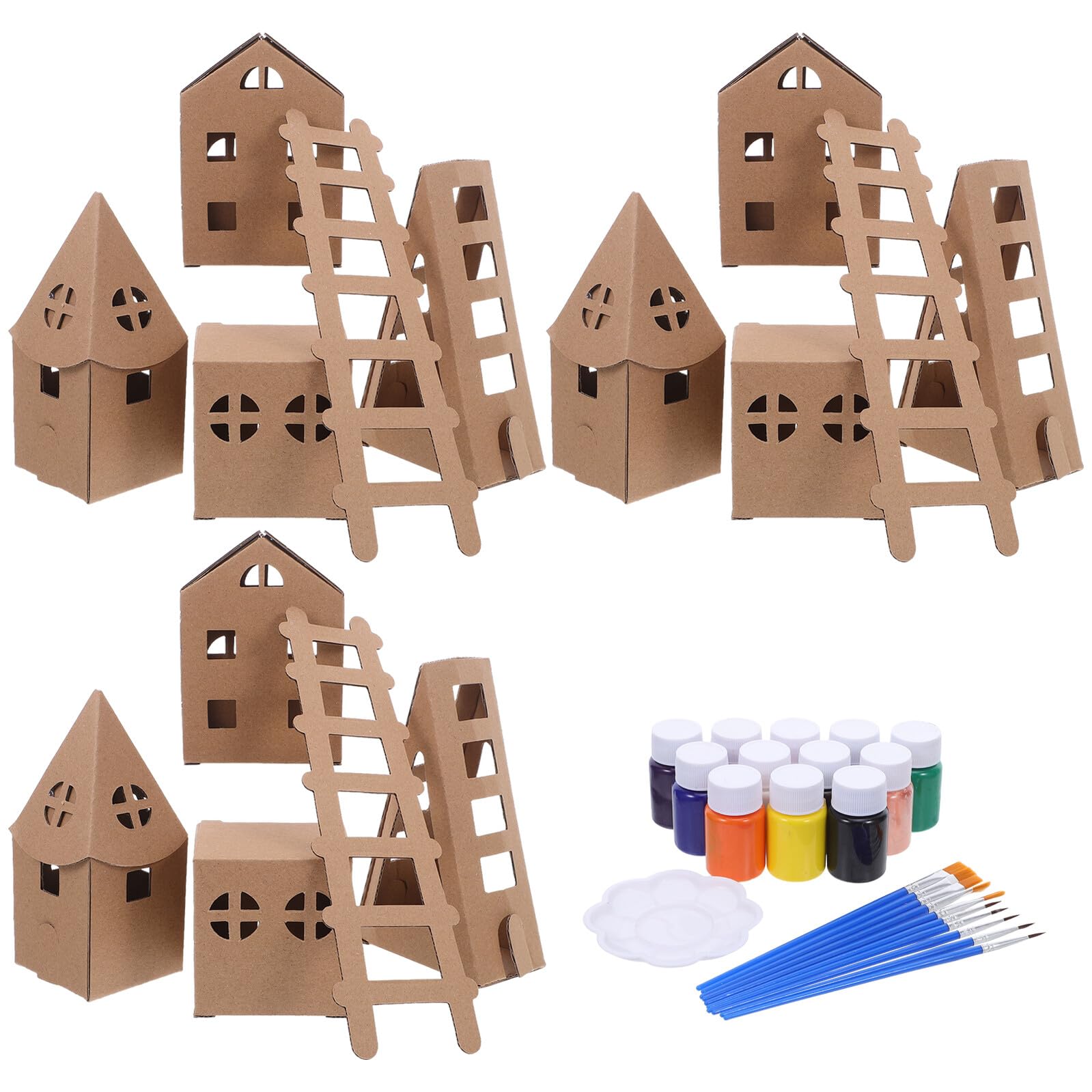 Casa de Cartón Infantil Miniatura, 1 Juego para Manualidades | Color Caqui, Papelboard, 23 Piezas, Formas Iglesia, Cuadrada y Rectangular, para Preescolar y Juego