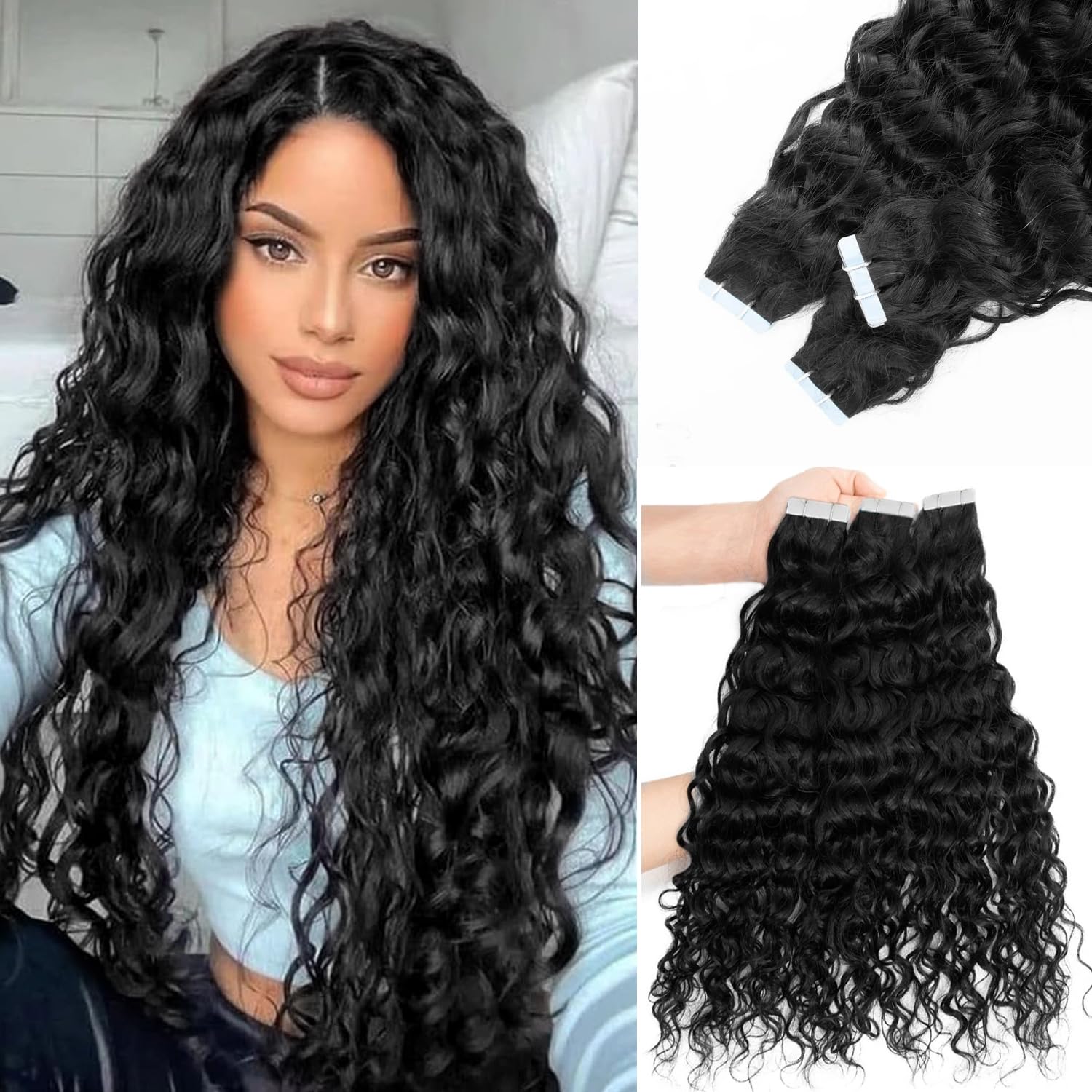 Photo 1 of Tape in Hair Extensions Natural Black Wavy Real Human Hair Tape ins Hair Extensions Human Hair 50g Water Wave Tape ins for Black Women 22inch 20pcs