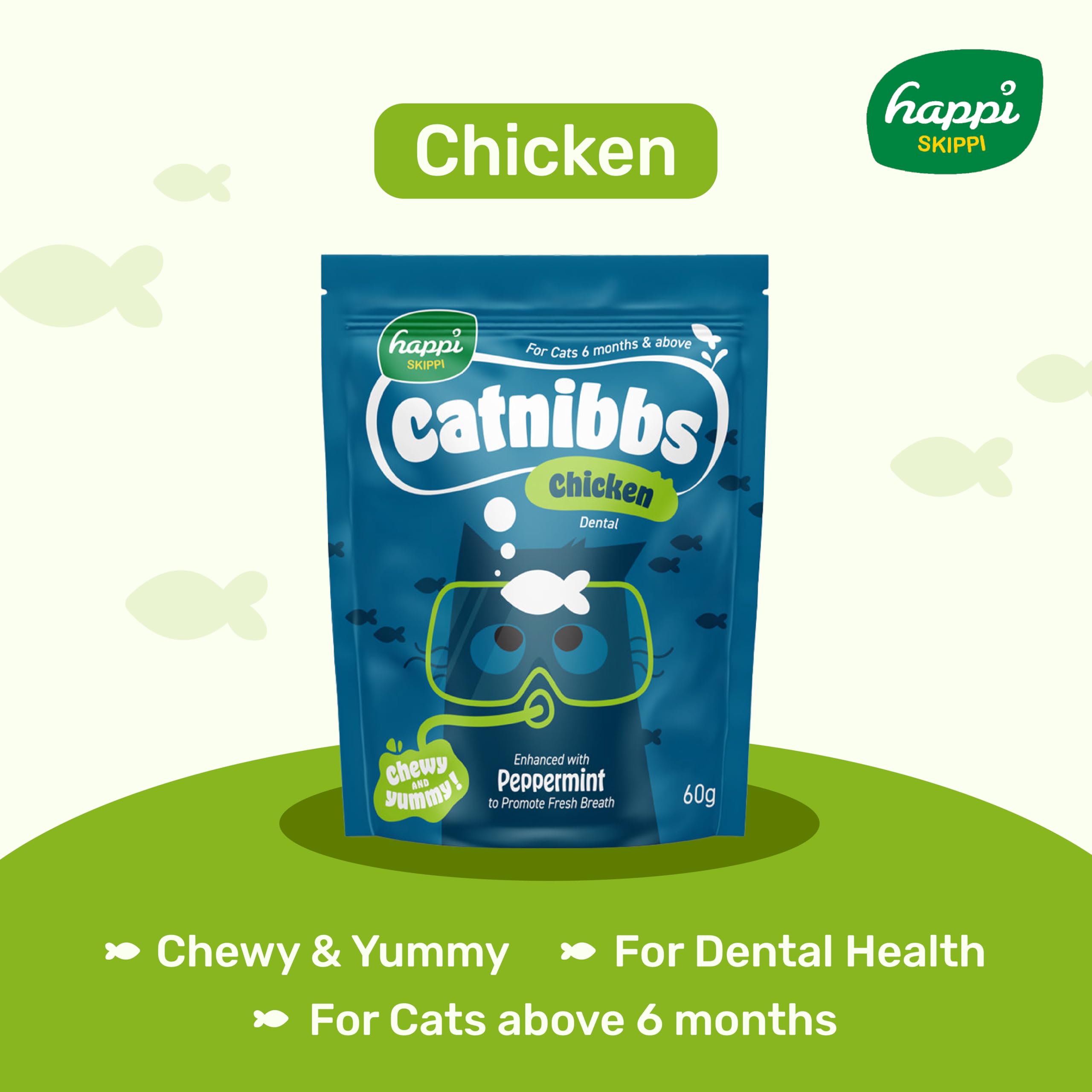 Happi Skippi Catnibbs Chicken Dental Chewy Snacks β 60 gm | Soft and Yummy Bites for Adult Cats | Healthy Temptation Style Food | Supports Oral Hygiene 1