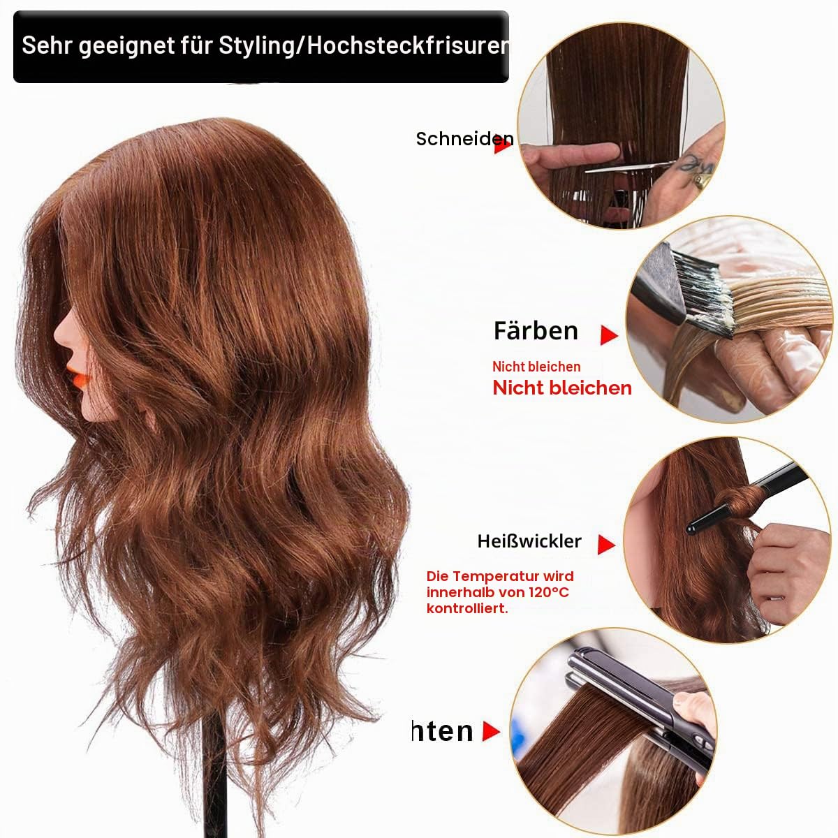 SZCY LLC Mannequinkopf mit 100 % Echthaar, 45,7 cm, Dunkelbraun, Kosmetik, Frisierkopf, Übungskopf, Puppenköpfe mit Klemmhalter und Werkzeugen