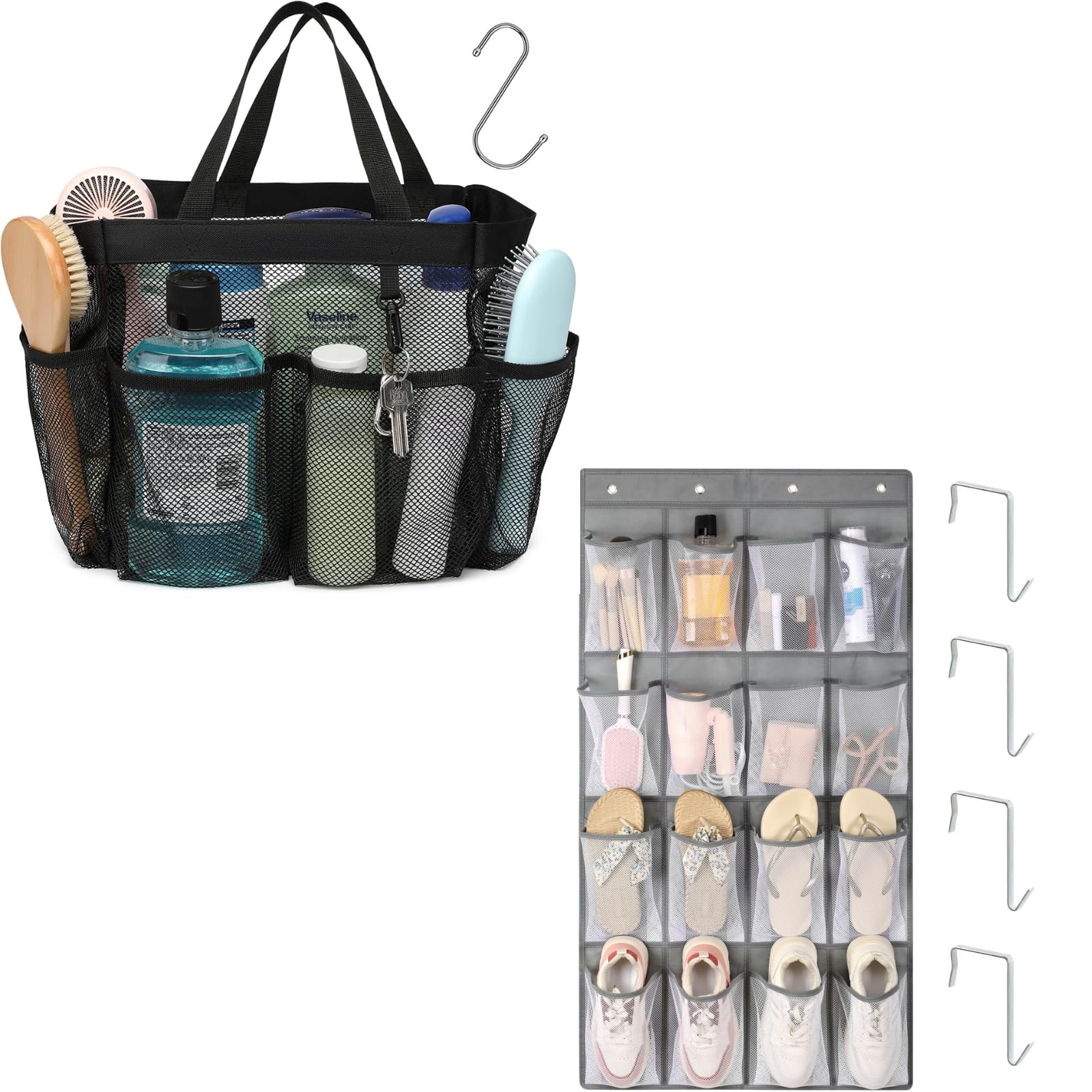 F-color Mesh Shower Caddy Portable Black Bundle and Shoe Organizer for Cruise Ship Essentials Grey