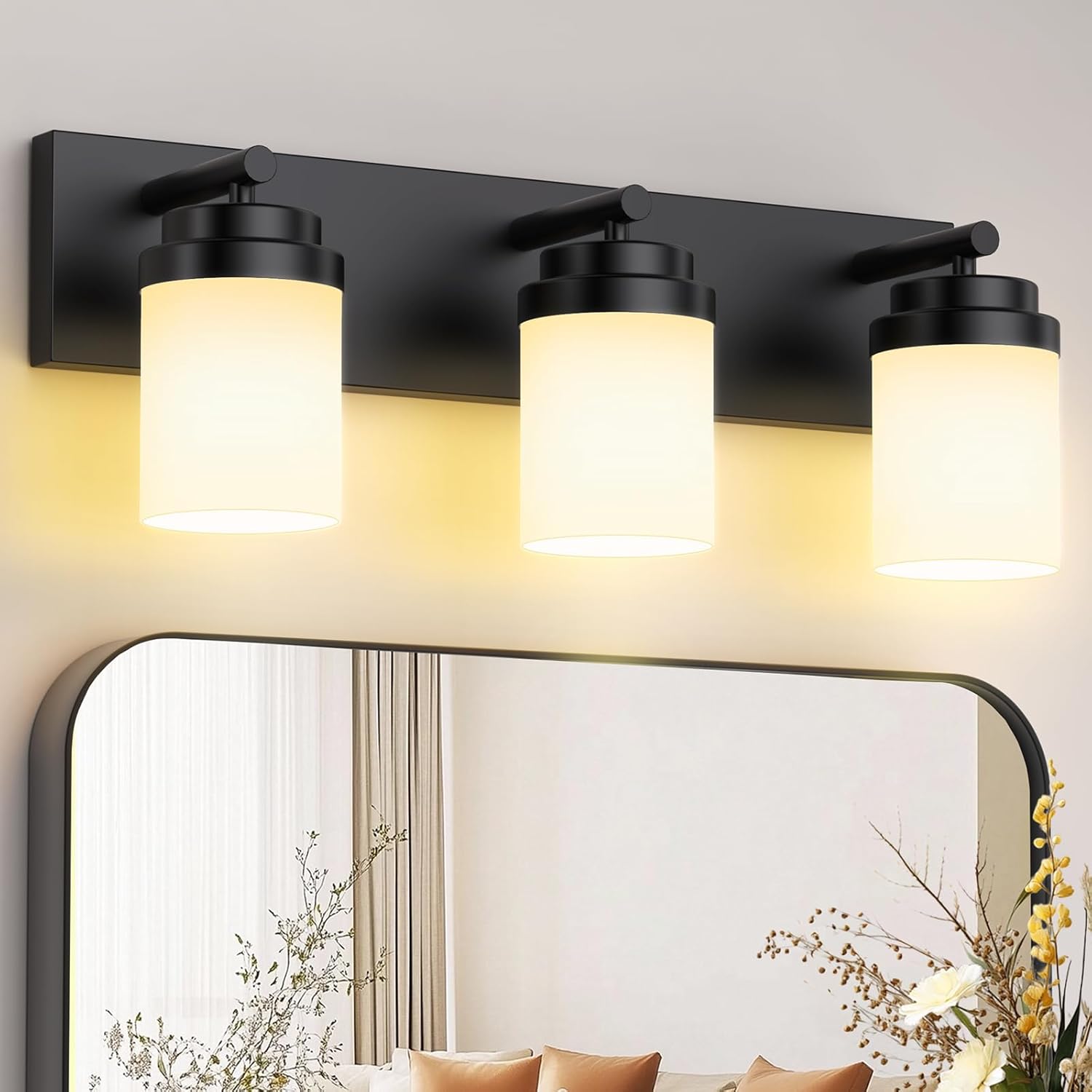 IZORRO Bathroom Vanity Light Fixture, 3-Light 22 Inch Matte Black Bathroom Light Fixtures Over Mirror, with White Glass Shade, Modern Farmhouse Vanity Lights, Rustic Restroom Lighting Fixtures Black - White Glass Shade 3-Light