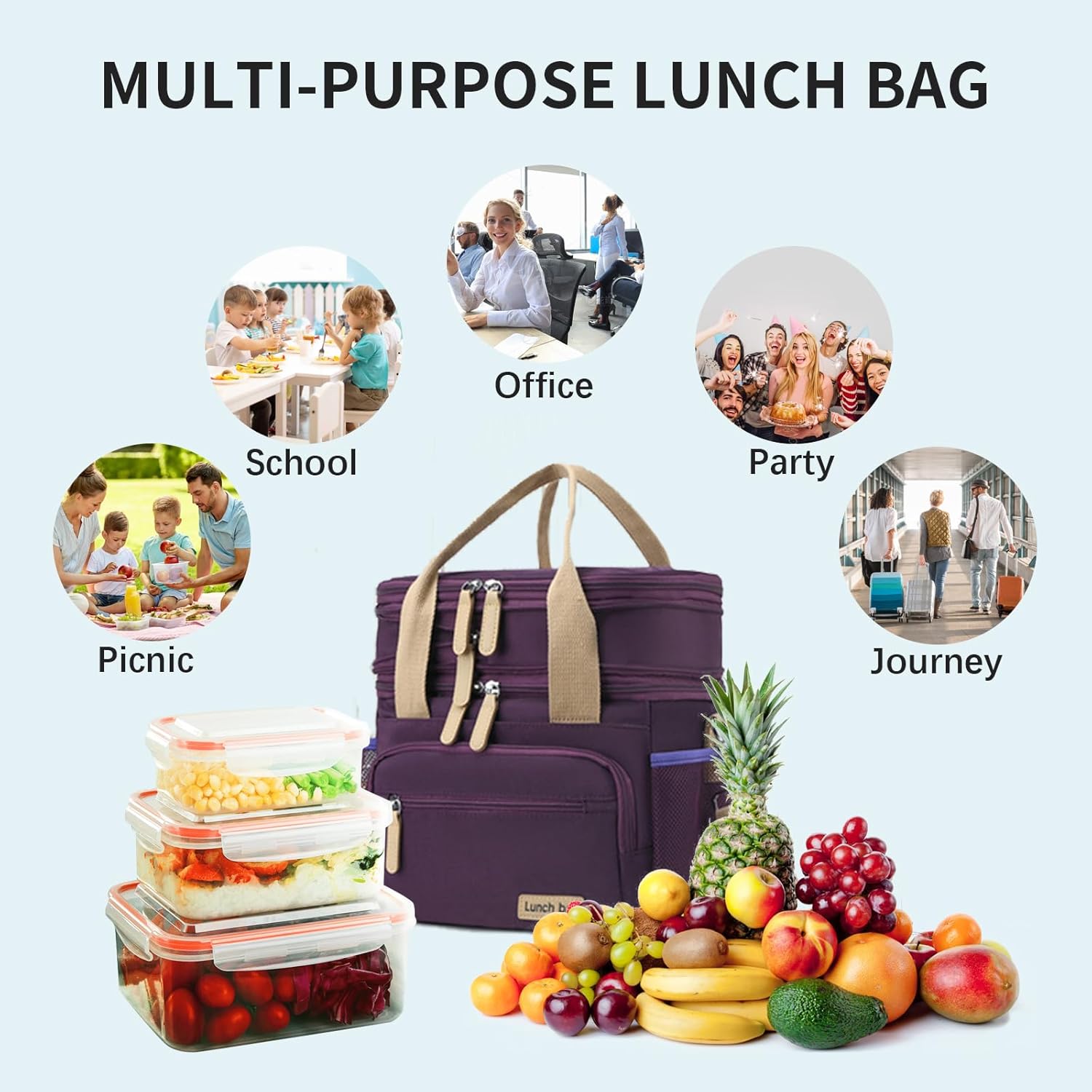 Expandable Lunch Bag for Adults, 16L Insulated Double Layer Lunch Box, Leak-Proof Cooler Lunch Bag with Multi Pockets, Waterproof Reusable Lunch Tote for Work Office Picnic Travel (Purple)