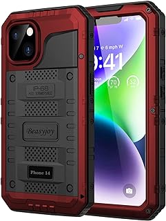 Beasyjoy for iPhone 14 Case Waterproof, Metal Full Body Protective Heavy Duty Case with Built-in Screen Protector, Military Grade Shockproof Dustproof Defender Rugged Case 6.1 Inch,Red