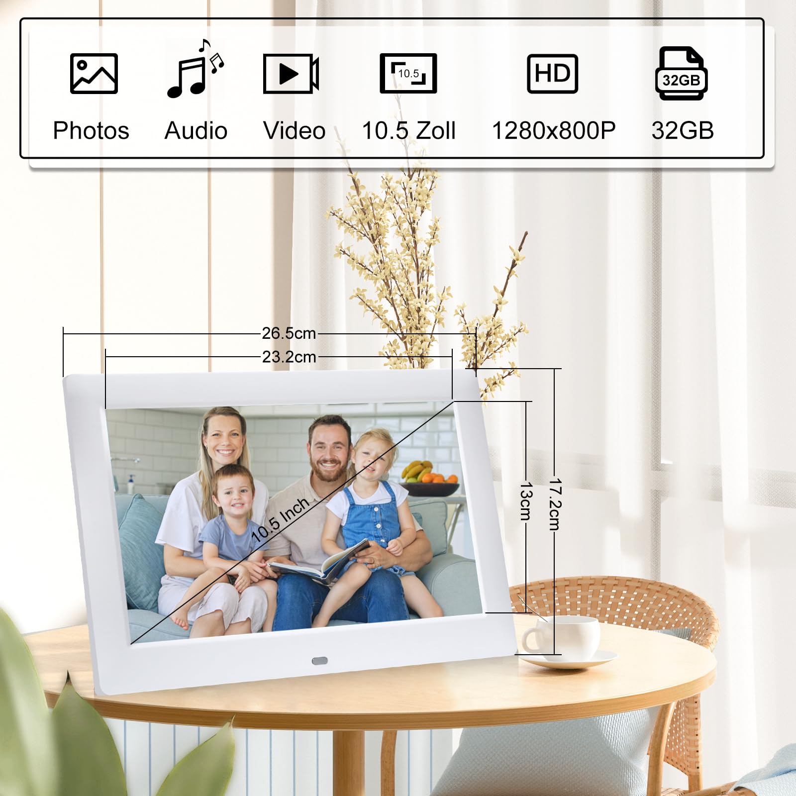 Cornice digitale da 10,5 pollici, 1280 x 800P, cornice elettronica, Music Photo Video Player con telecomando/multi-presentazione/calendario/orologio funzione allarme bianco, supporta