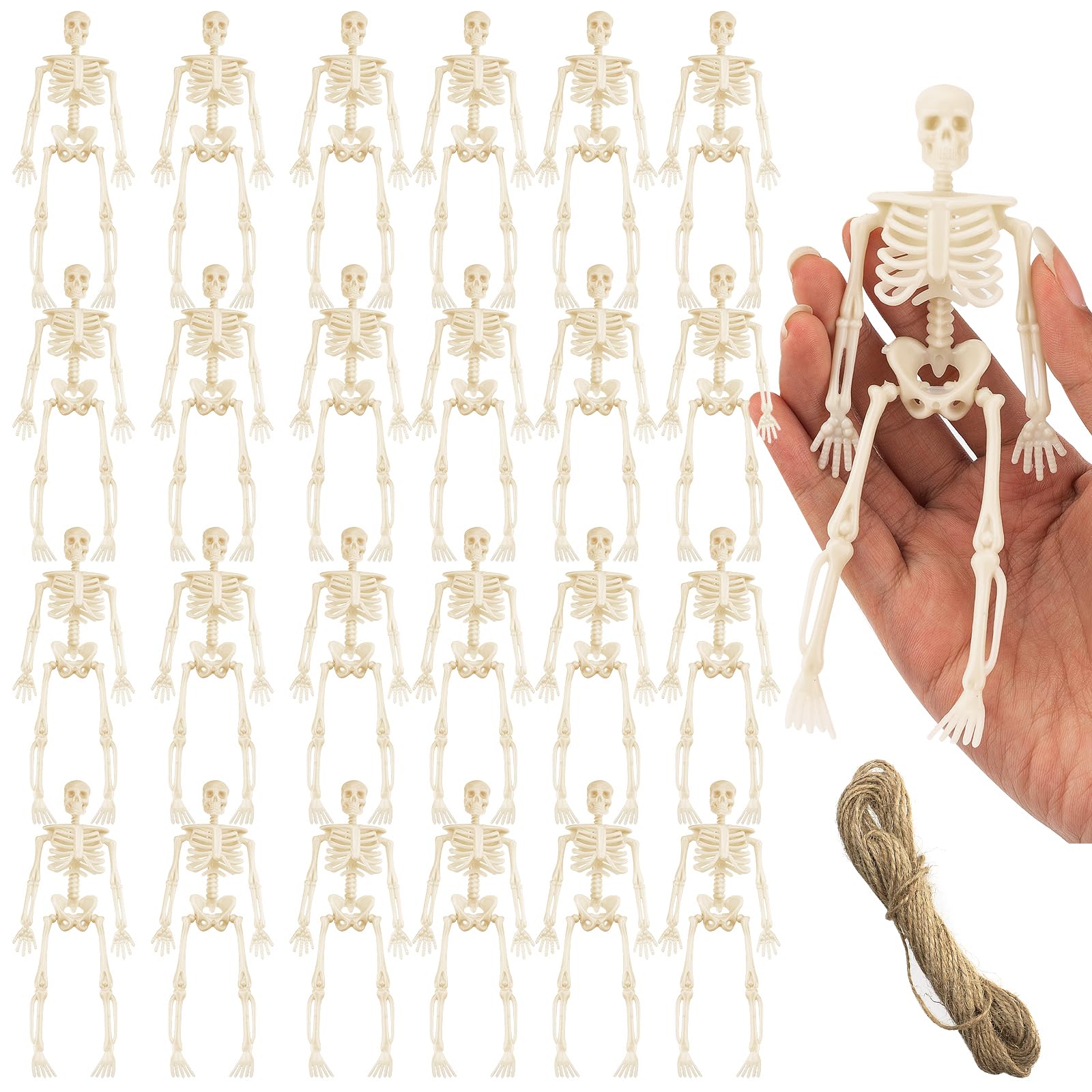 24PCS Halloween Mini Skeletons,Poseable Skeleton Halloween Decoration Small Plastic Skeleton Funny Halloween Hanging Full Body Skeletons Decorations for Outdoor Indoor Garden Haunted House Decorations