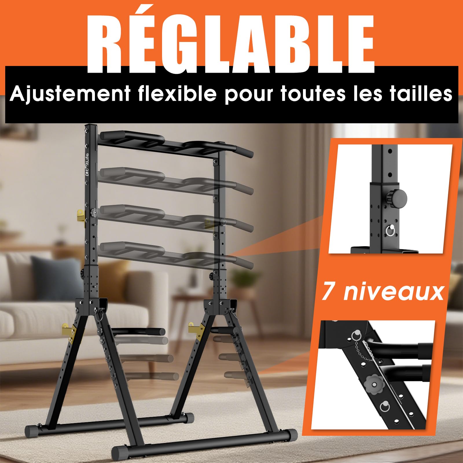 DH FitLife Power Tower pliable | Barre de Traction Autoportante, Barres Parallèles et Supports pour Haltères/Dossier | Station de Musculation Sport Maison