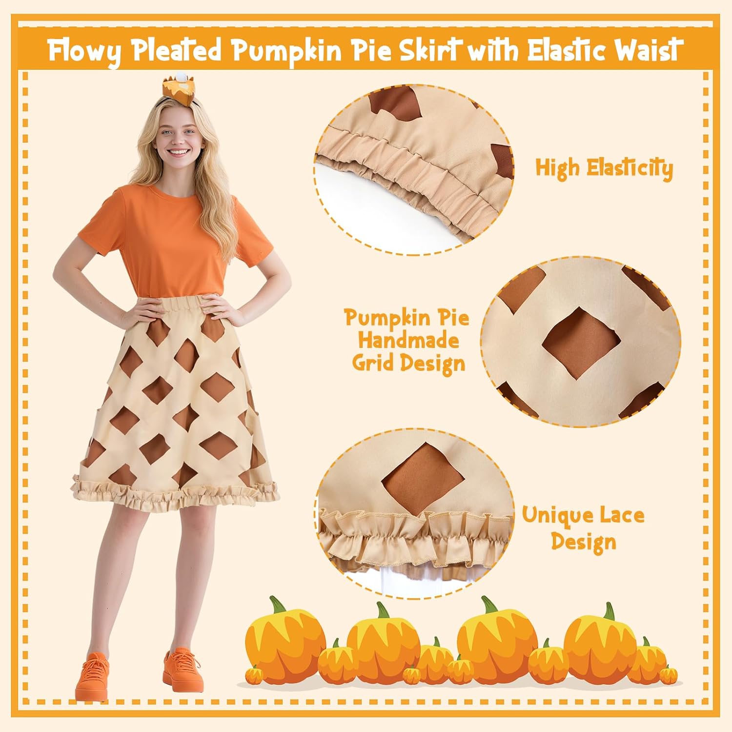 Pi Day Women's Pumpkin Pie Tutu Skirt with Funny Pumpkin Pie Food Hat Headband Adult Cosplay Party Accessory