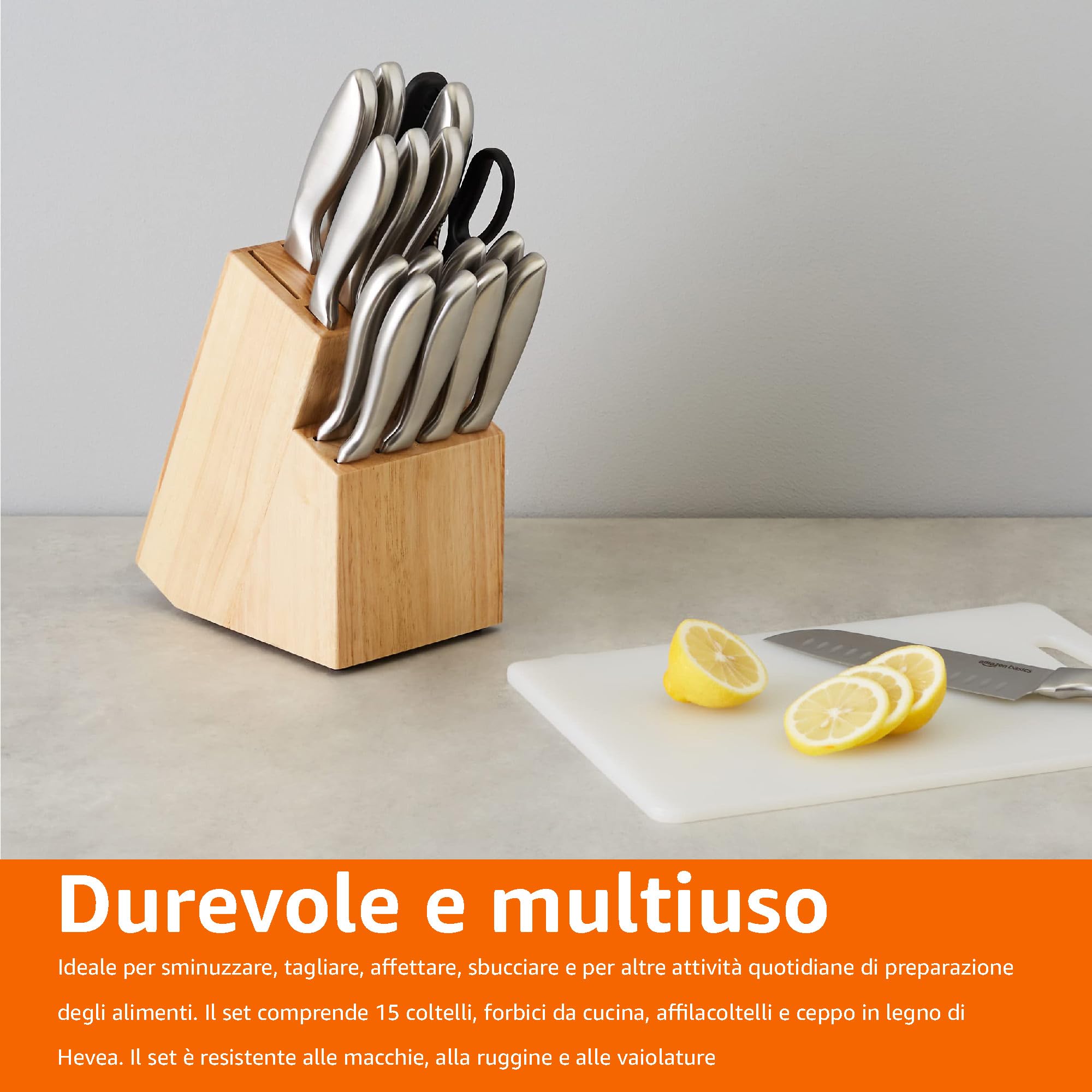 Amazon Basics 18 unità coltelli in acciaio INOX con impugnatura confortevole e blocco, Nero