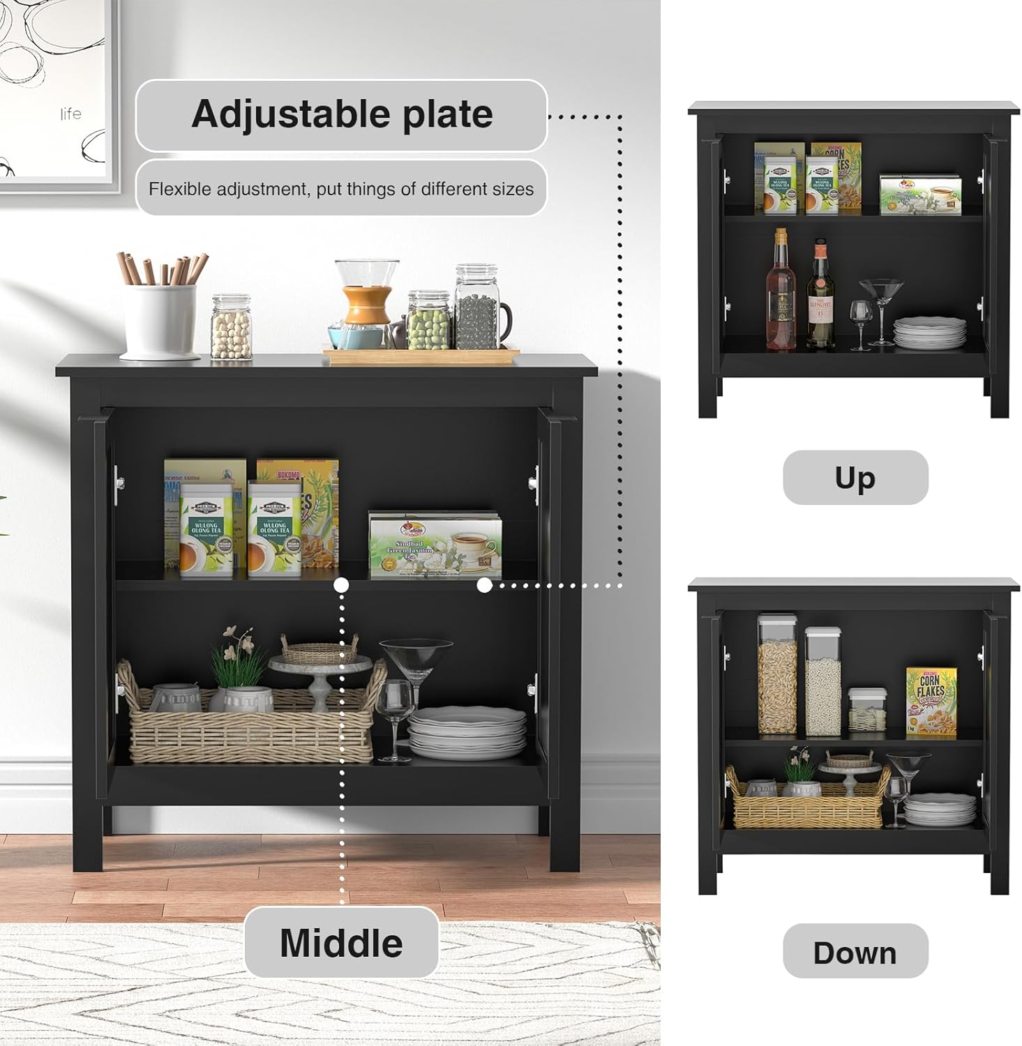 Giluta Black Sideboard Buffet Cabinet, Farmhouse Kitchen Storage Cabinets with 2 Rattan Doors, 30''H Boho Cabinet with Solid Wood Feet for Entryway, Living Room, Hallway