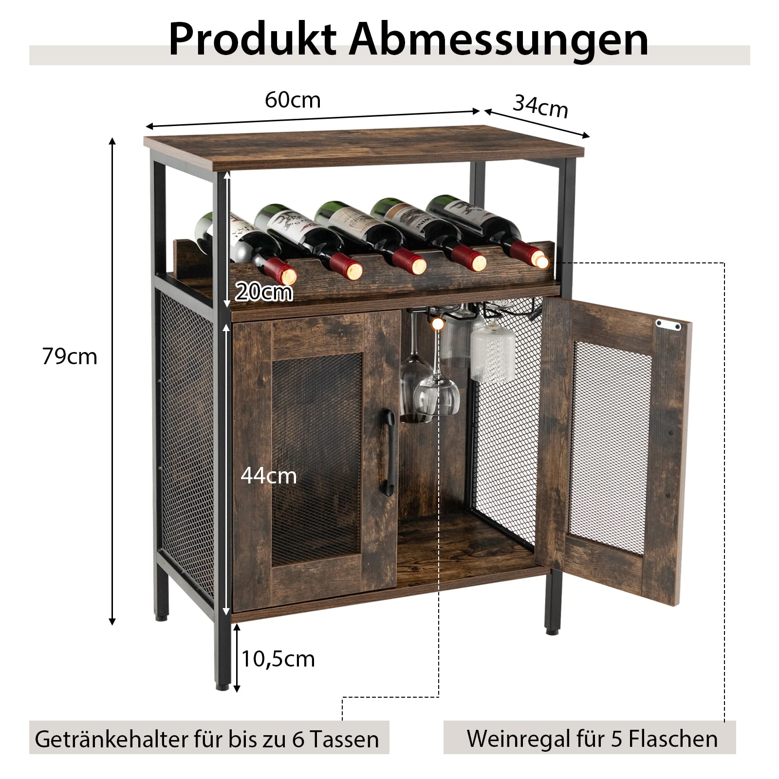 COSTWAY Szafka na wino, szafka kuchenna ze zdejmowanym regałem na wino i wbudowanymi uchwytami na szkło, komoda drewniana, kredens 60 x 34 x 79 cm (ciemnobrązowa)