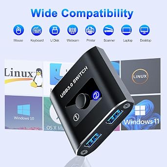 USB 3.0 Switch, Bi-Directional USB Switch 1 in 2 Out/ 2 in 1 Out, Aluminum USB Switcher 2 Computers Share USB Devices for Printer, Keyboard, Scanner, Mouse - Compatible with Mac/Win/Linux