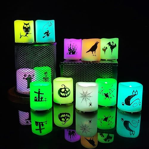 Paquete de 12 velas votivas de Halloween con patrón de calavera LED sin llama que cambian de color, luces de calabaza votivas Jack O Lantern,