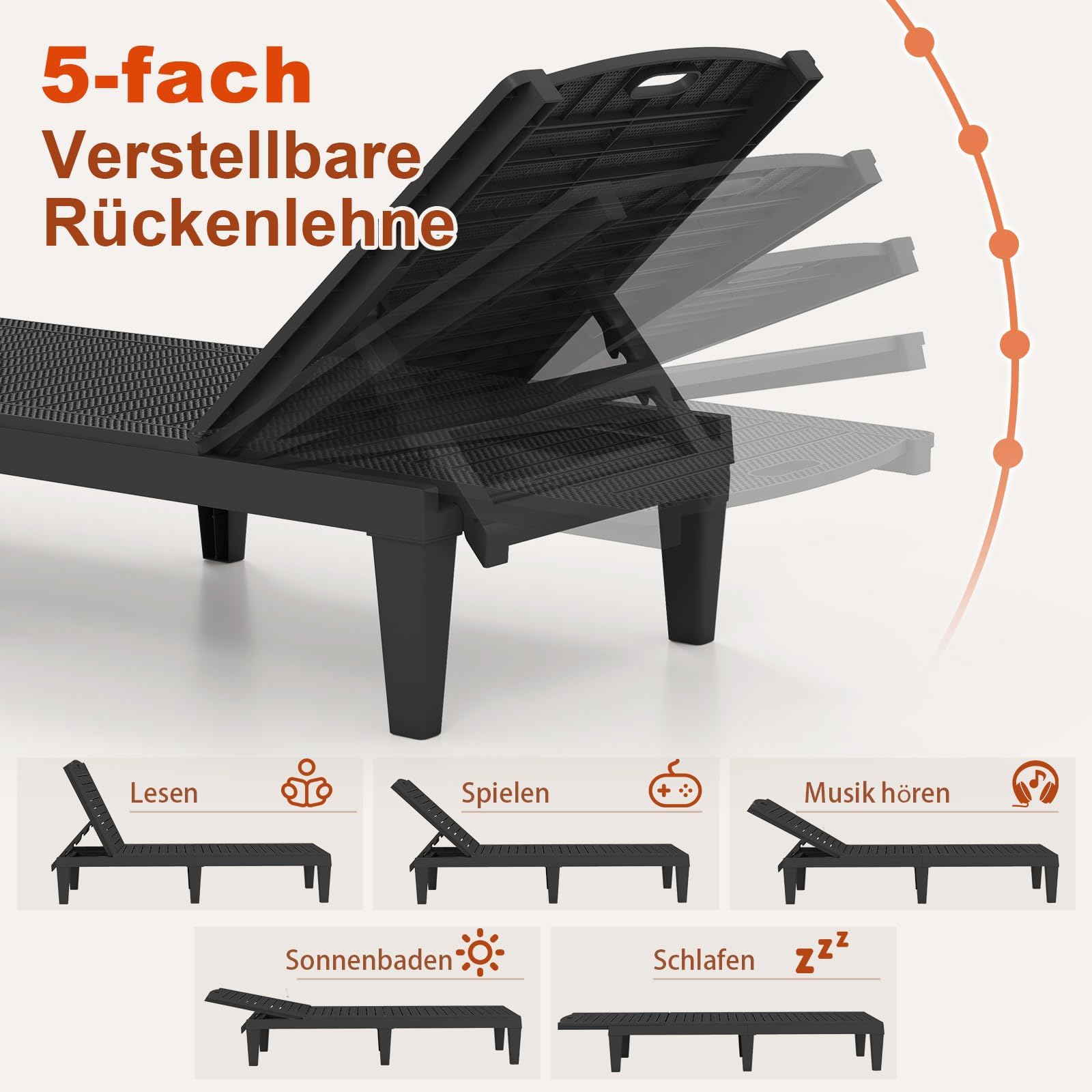 FANTASK Sonnenliege Kunststoff 2er Set, wetterfeste Gartenliege mit Verstellbarer Rückenlehne, Balkonliege, Terrassenliege, Liegestuhl bis 160 kg belastbar für Garten, Terrasse (Schwarz)