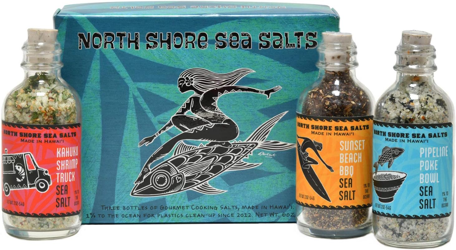 Sea Salts of Hawaii North Shore Sea Salts Variety Pack, 3-2oz. Bottles of Sea Salt - Pipeline Poke, Sunset Beach BBQ, Kahuku Shrimp - Made in Hawaii