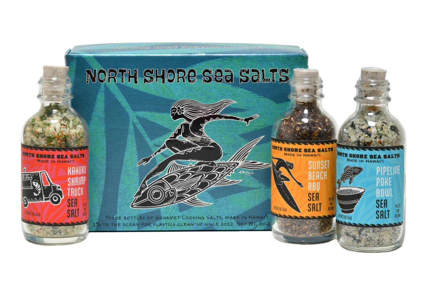 Sea Salts of Hawaii North Shore Sea Salts Variety Pack, 3-2oz. Bottles of Sea Salt - Pipeline Poke, Sunset Beach BBQ, Kahuku Shrimp - Made in Hawaii