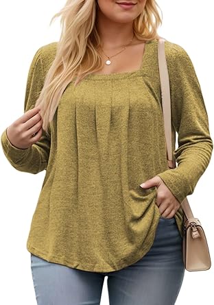 Plus-Size-Tops for Women Casual Long Sleeve Shirts Trendy Pleated Square Neck Tunics Lightweight Loose Fit Sweatshirts