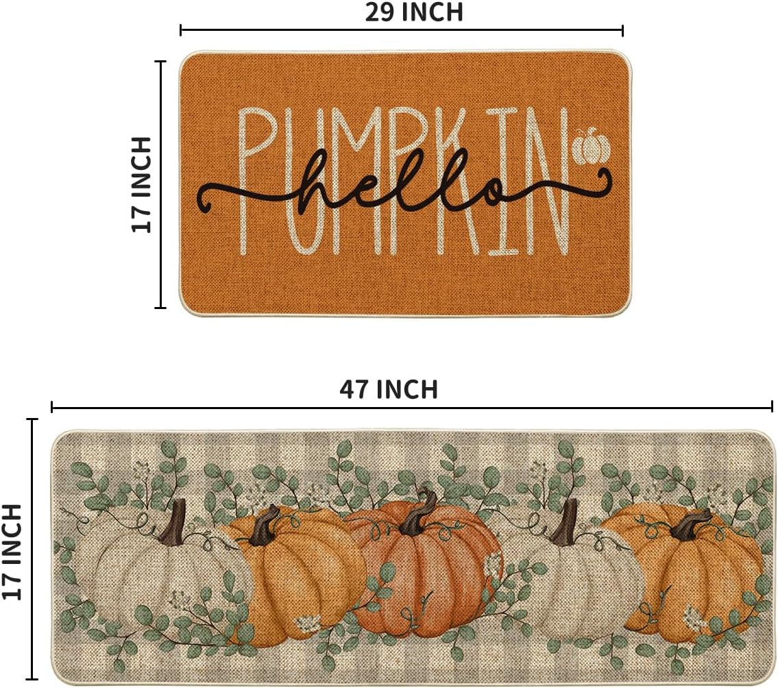 Artoid Mode Orange Pumpkins Kitchen Mats 2 pcs and Placemats Set of 4 for Kitchen Decoration