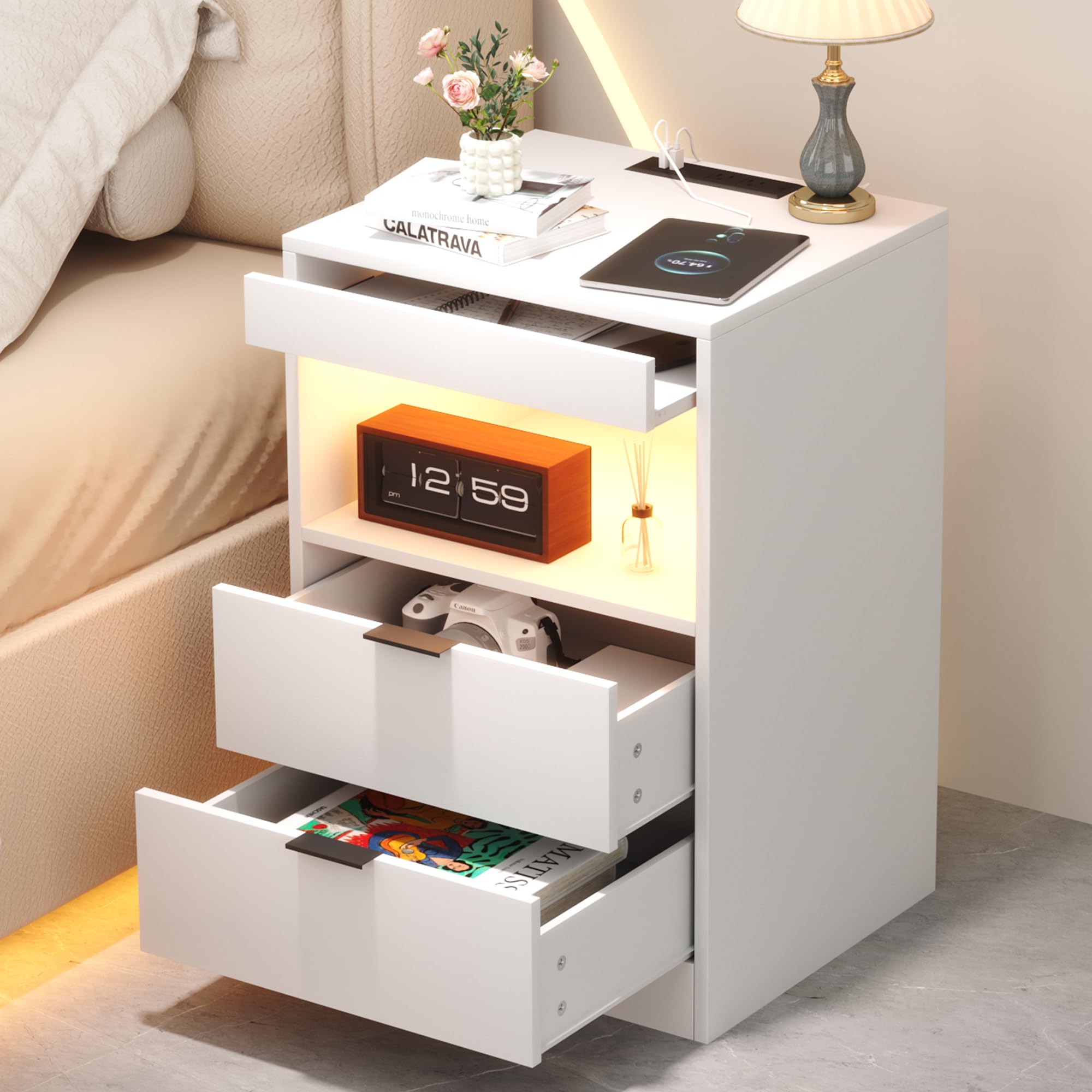 Yusong LED Nightstand Bedside Table with Charging Station 2 Drawers, White Modern Sofa Couch End Side Table with Lights and Pull-Out Shelf for Bedroom Living Room, Wooden