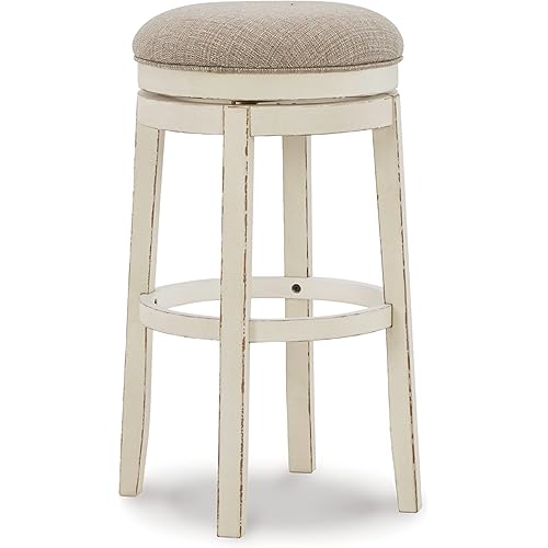 Signature Design by Ashley Realyn French Country Upholstered Swivel Bar Height Bar Stool with Foam Cushioned Seat, White & Beige