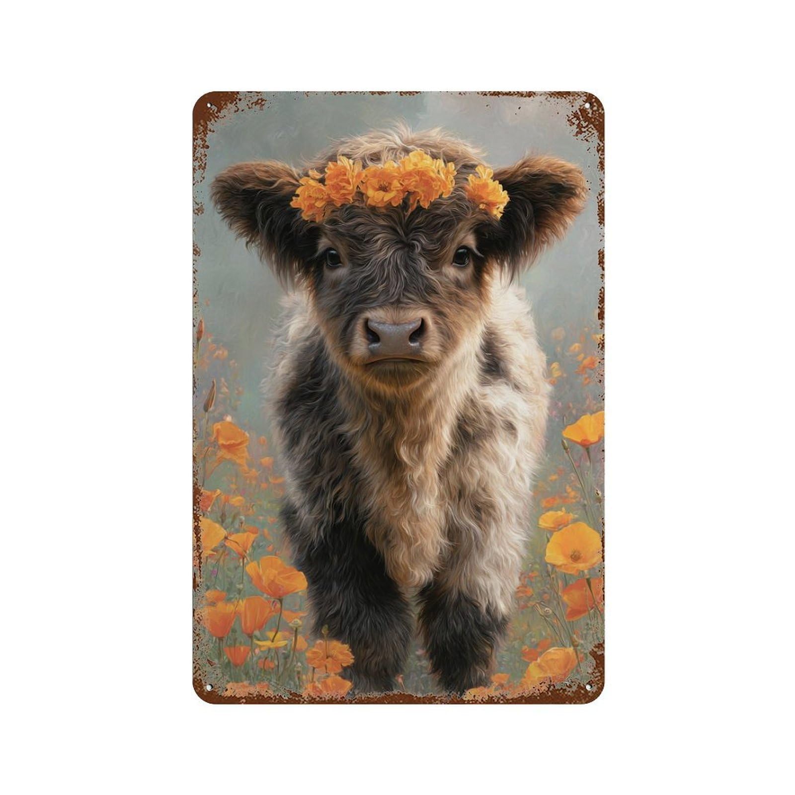 Floral Cow in Field 11.8"x7.9" Weathered Tin Sign, Shabby Chic Decor for Farmhouse, Kitchen And Entryway Decor